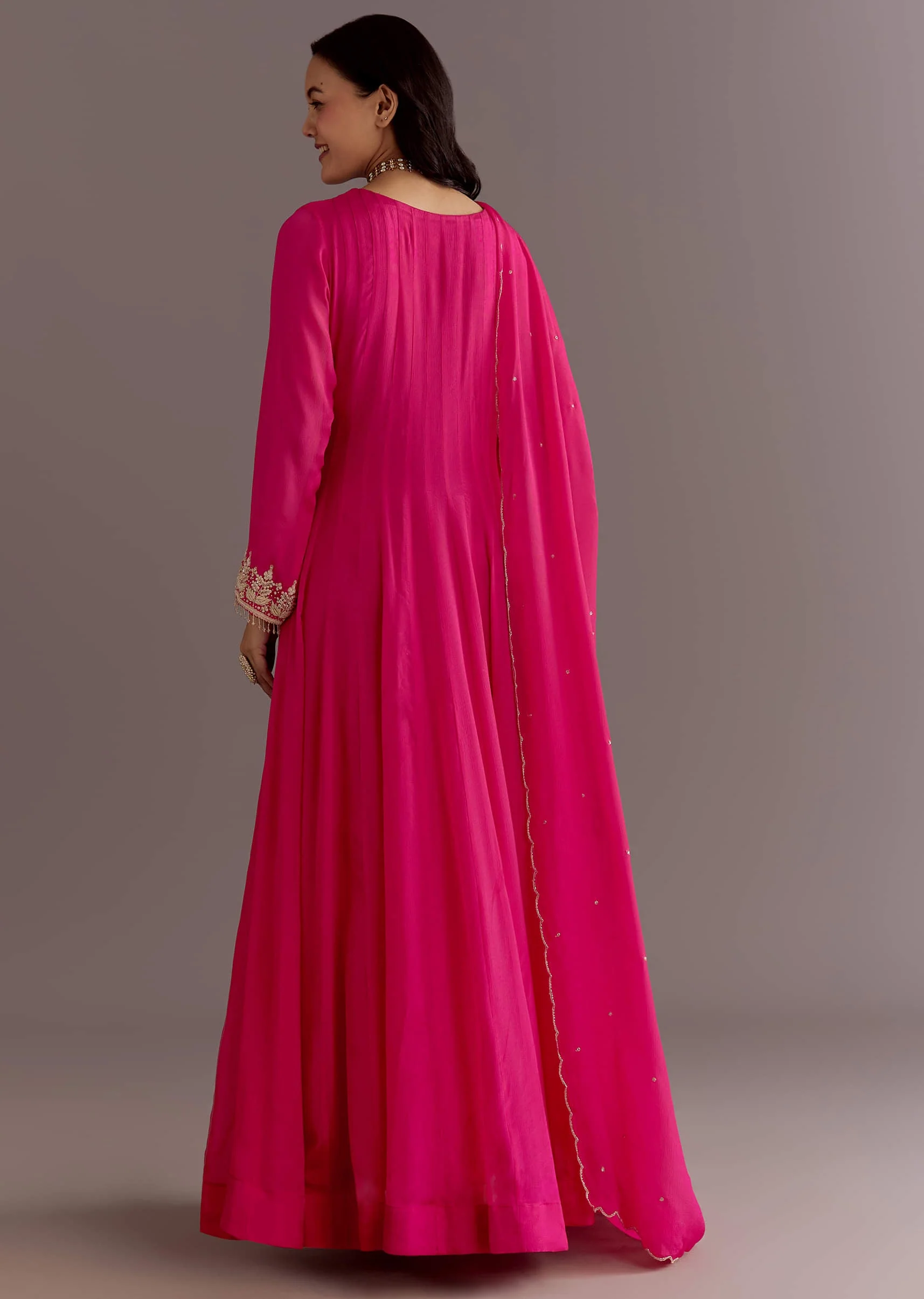 Pink Chinon Thread Sequin Embroidered Anarkali Dupatta Suit - Image 5
