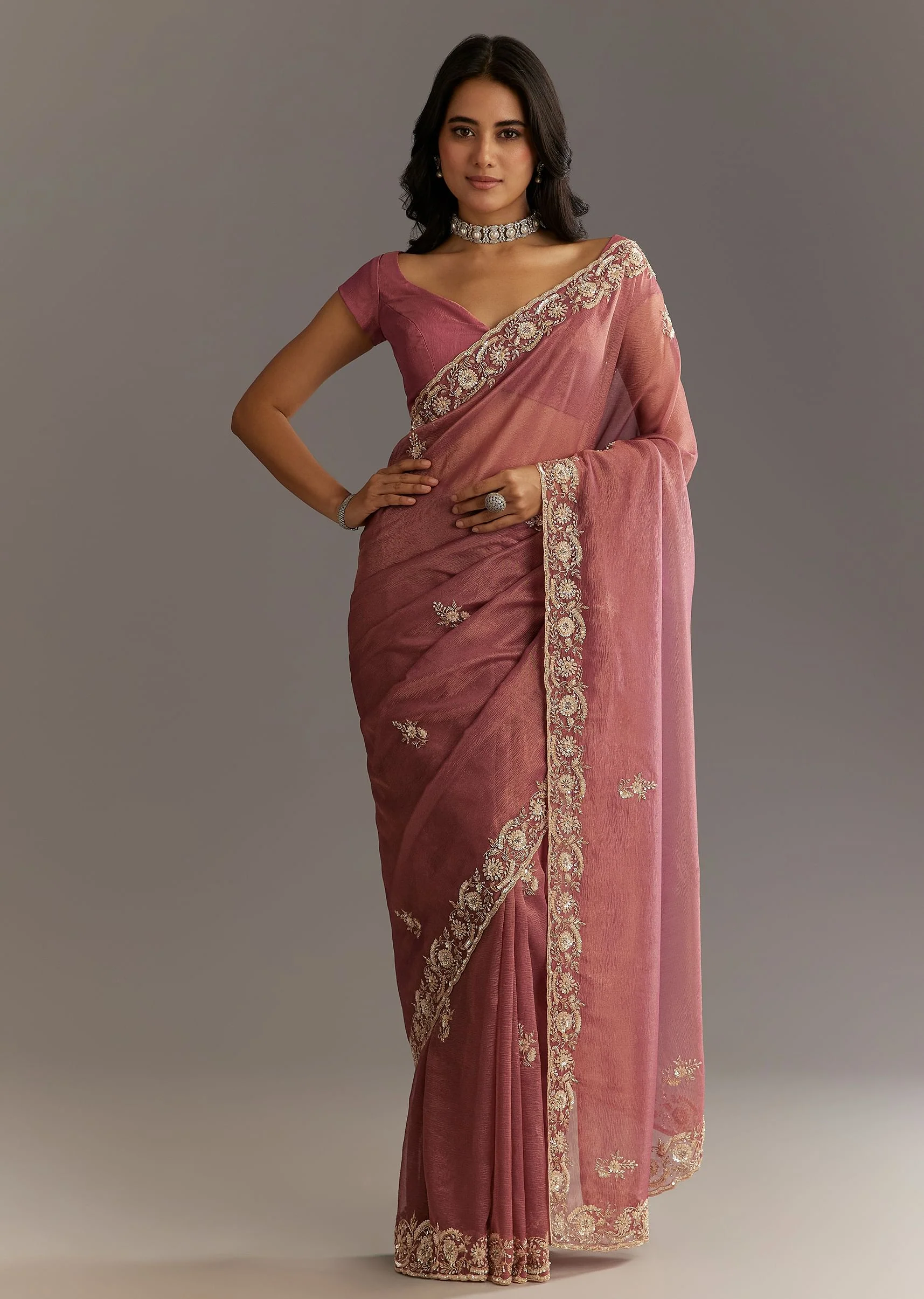 Pink Crushed Tissue Floral Embroidered Saree With Cutdana And Sequins - Image 3