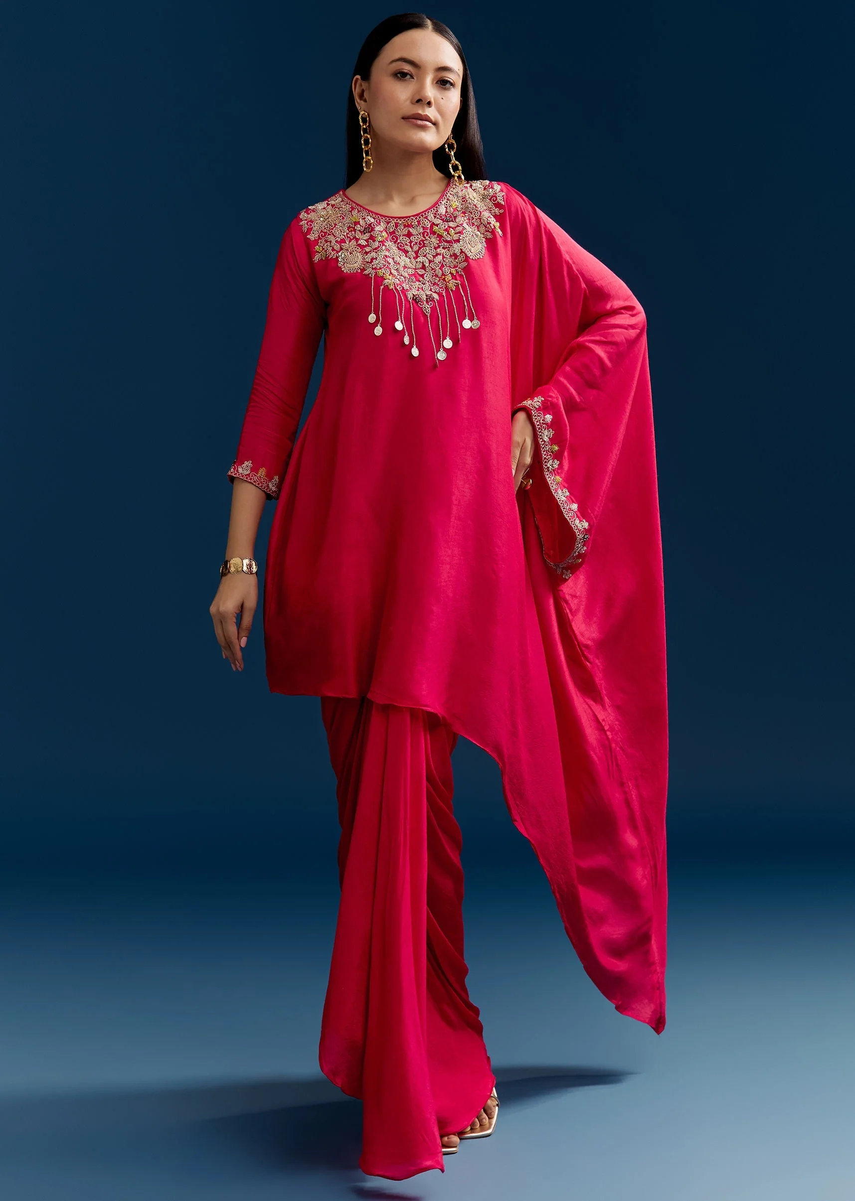Pink Dola Silk Crop Top Skirt Set With Zardosi Work - Image 3