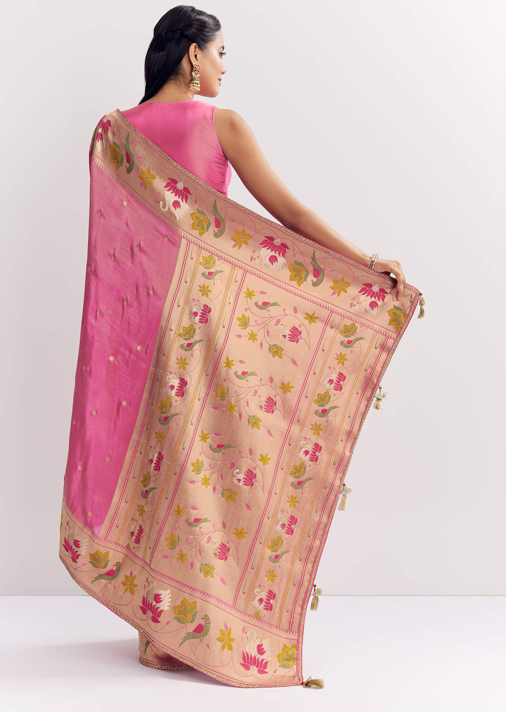 Pink Dola Silk Paithani Saree With Dollar Butti And Multicolor Motif - Image 4
