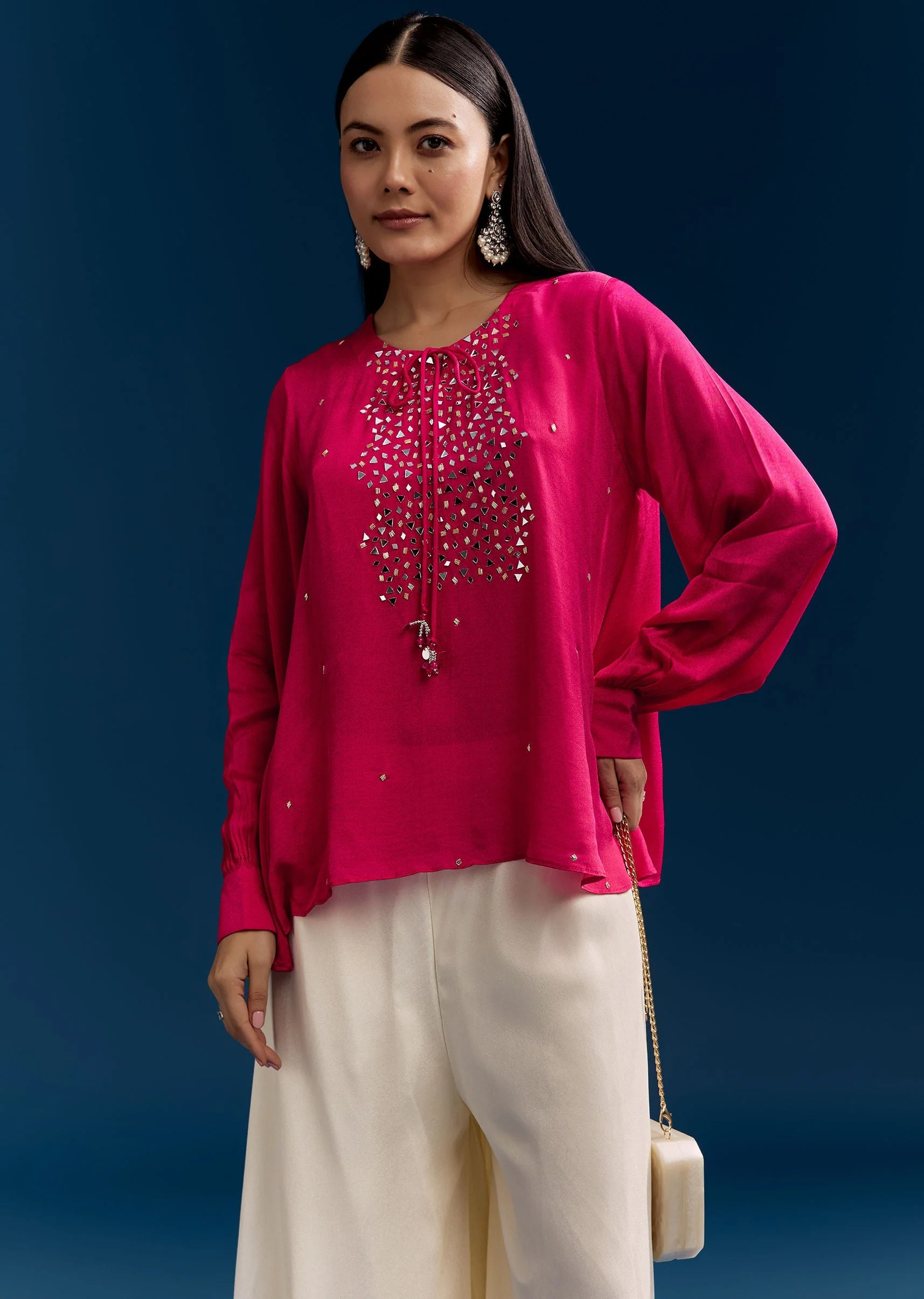 Pink Georgette Crop Top With Mirror Work - Image 4