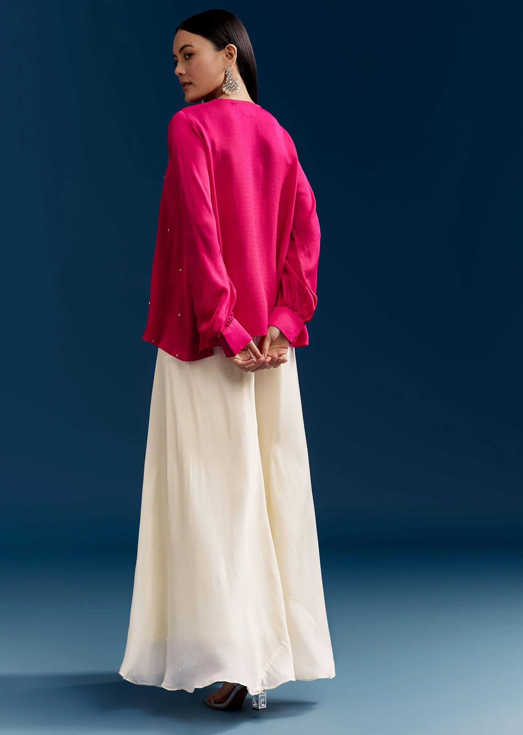 Pink Georgette Crop Top With Mirror Work - Image 5