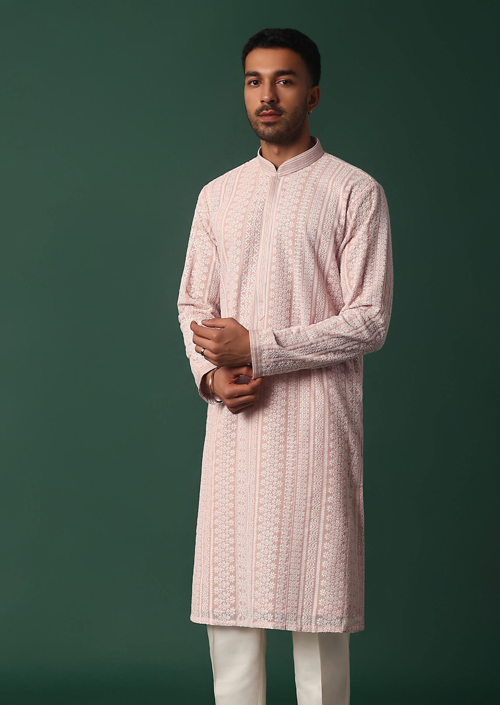 Pink Georgette Kurta Set With Chikankari Embroidery - Image 3