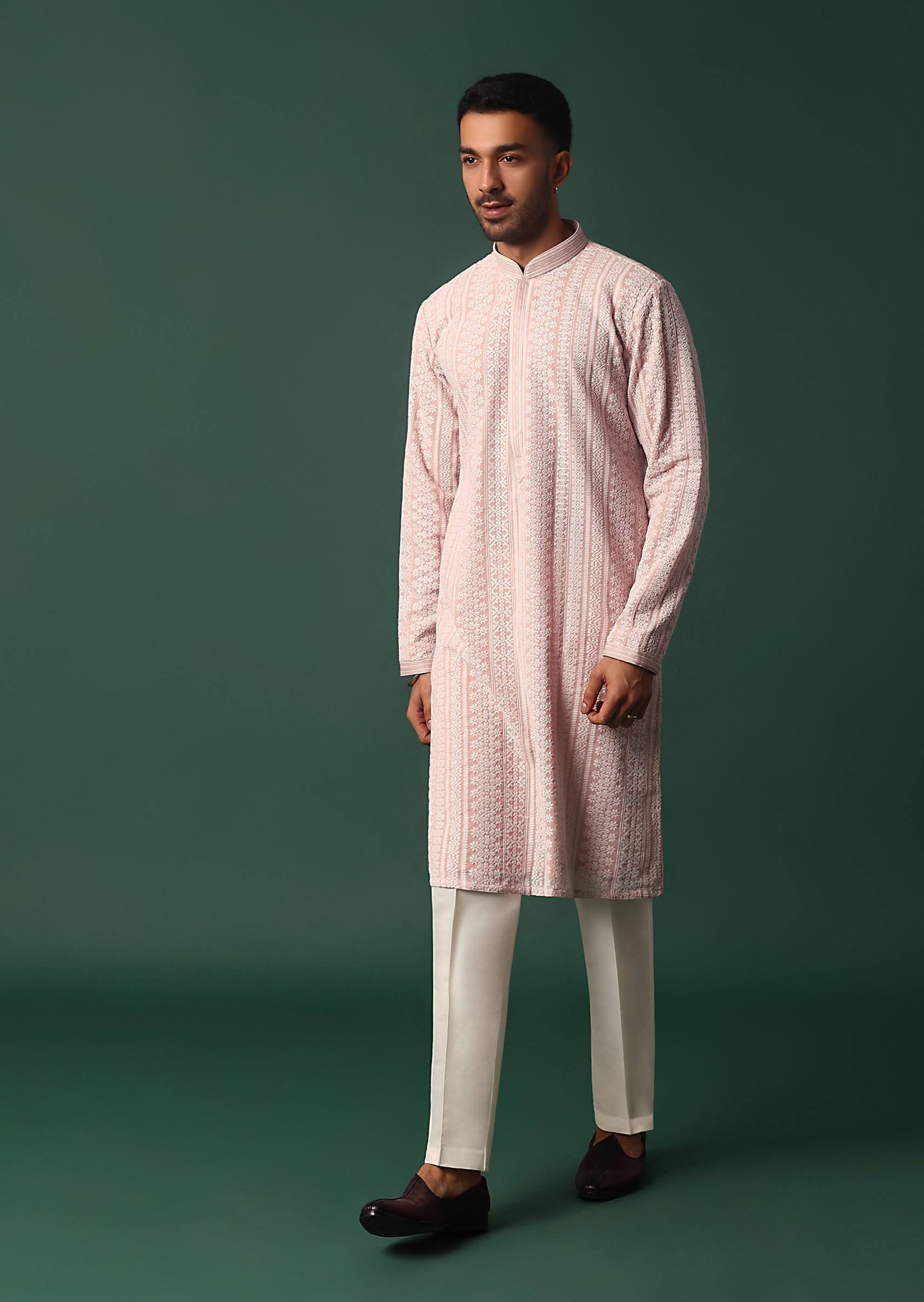 Pink Georgette Kurta Set With Chikankari Embroidery - Image 4