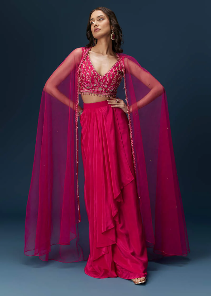 Pink Indo Western Skirt Set With Embroidered Blouse And Dupatta - Image 3