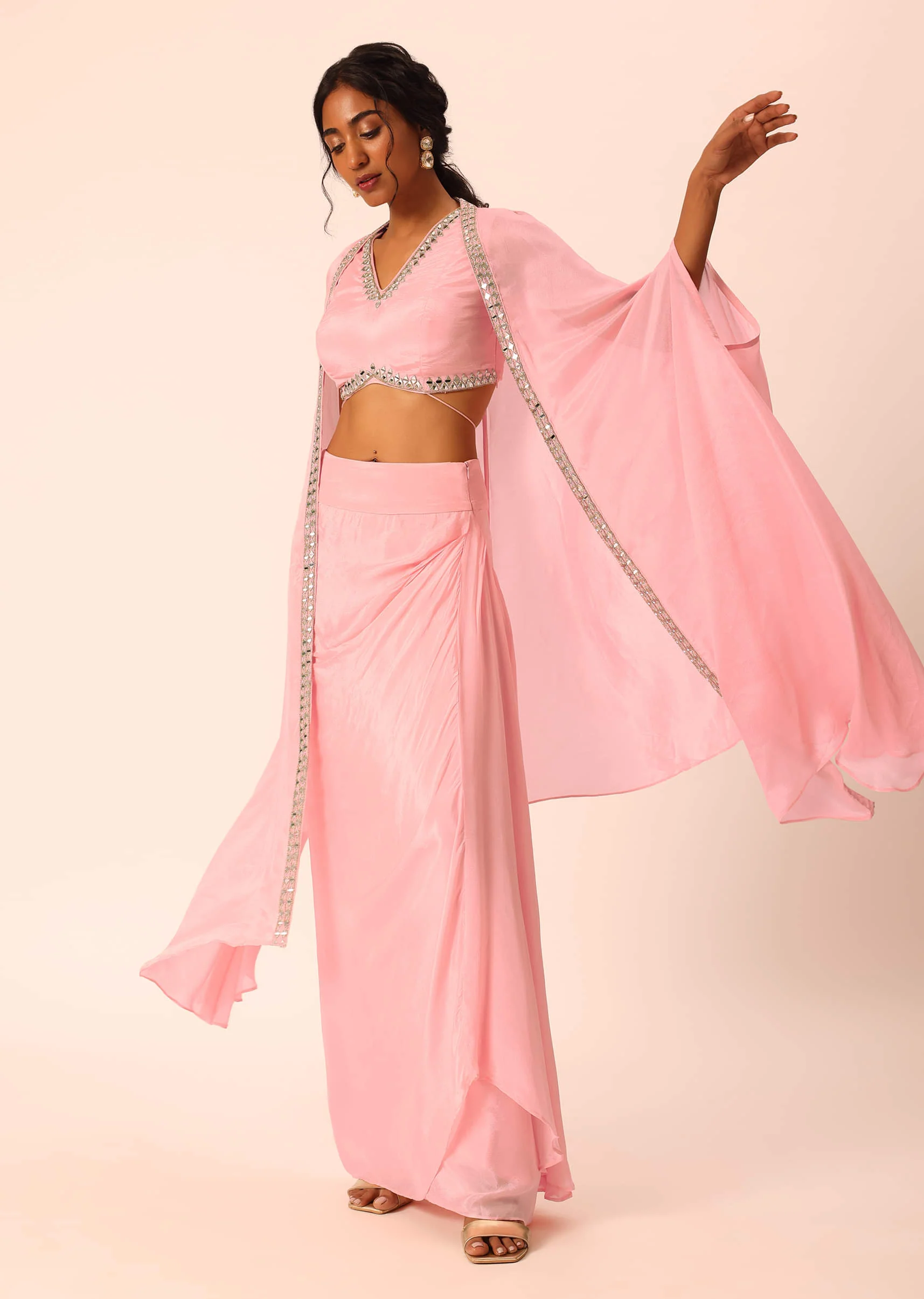 Pink Jacket And Dhoti Set With Mirror Work - Image 12
