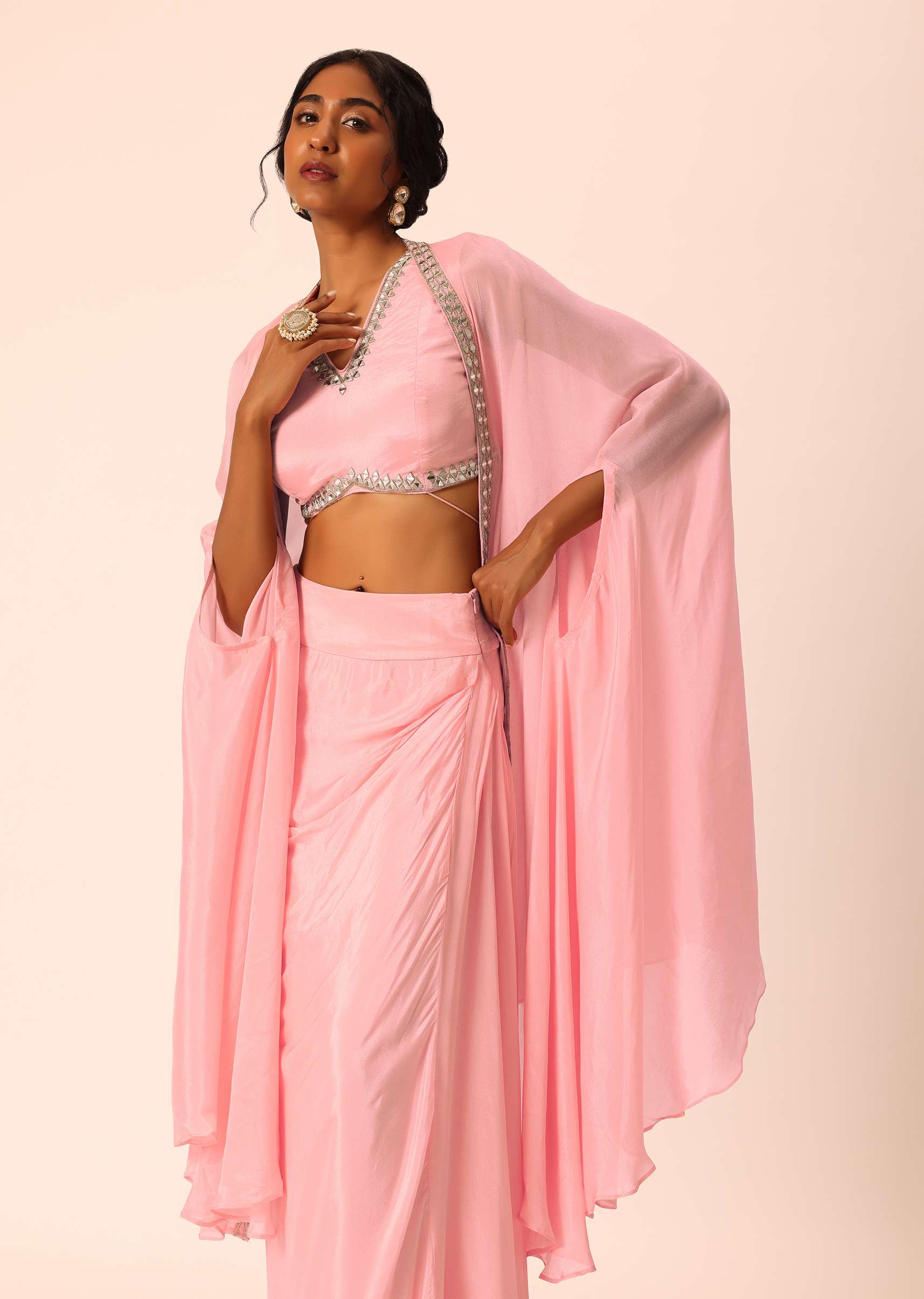 Pink Jacket And Dhoti Set With Mirror Work - Image 6