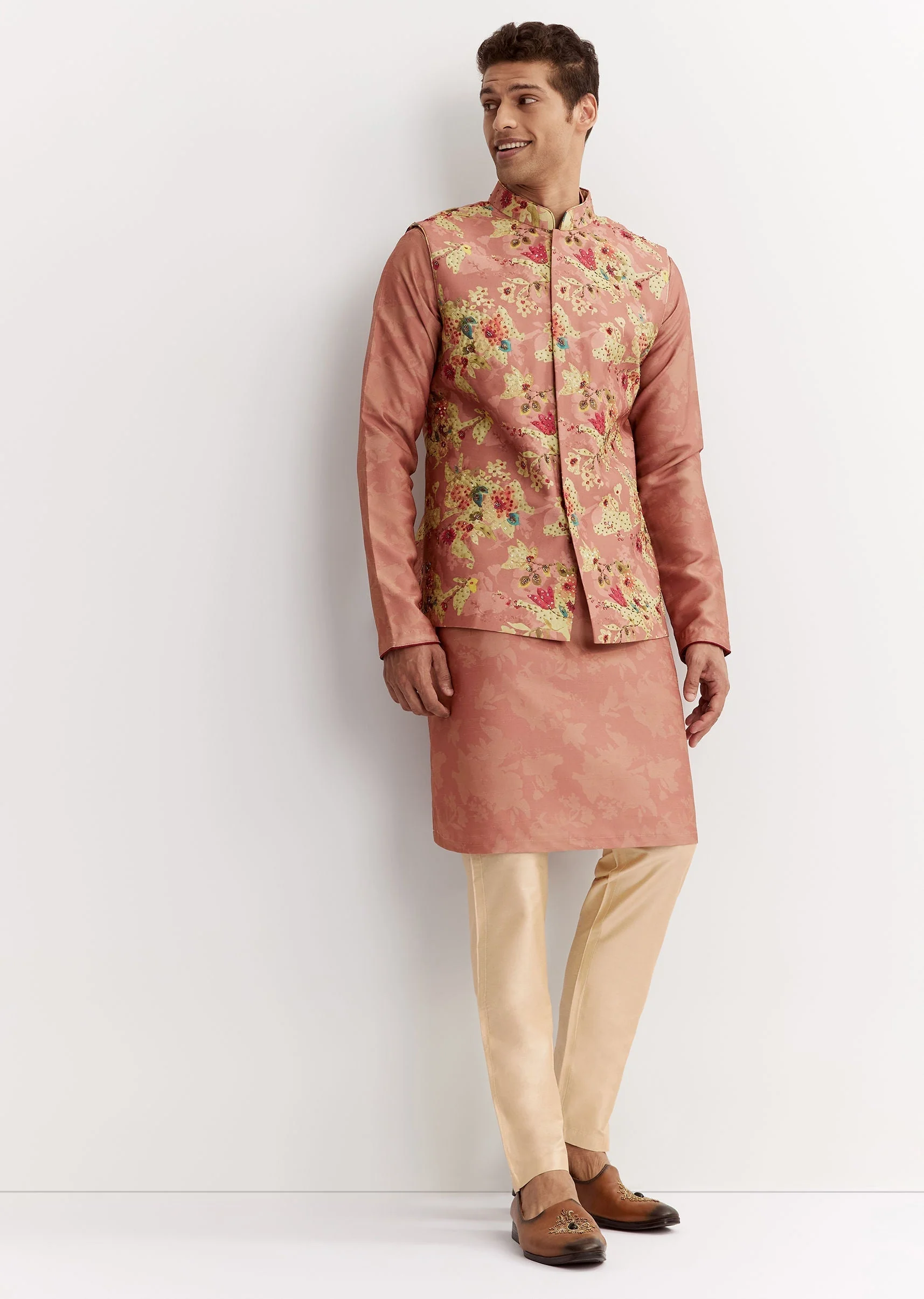 Pink Linen Floral Printed Jacket Kurta Set With Sequins - Image 2