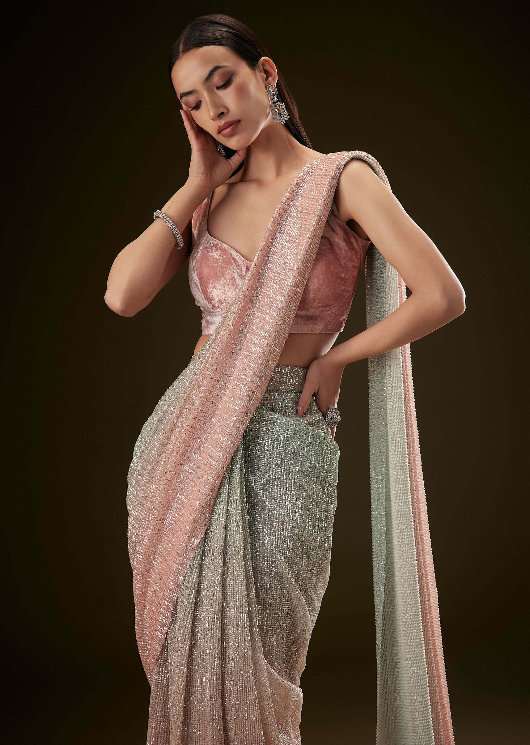 Pink Ombre Sequence Ready To Wear Saree With Velvet Blouse - Image 2