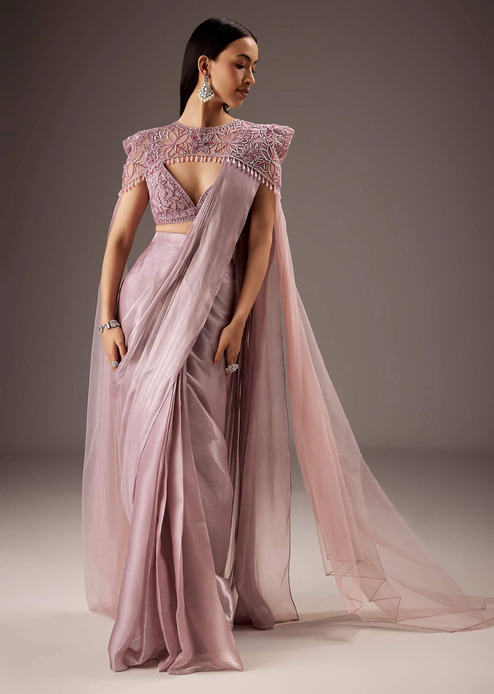 Pink Organza Saree With Heavy Embroidery - Image 4