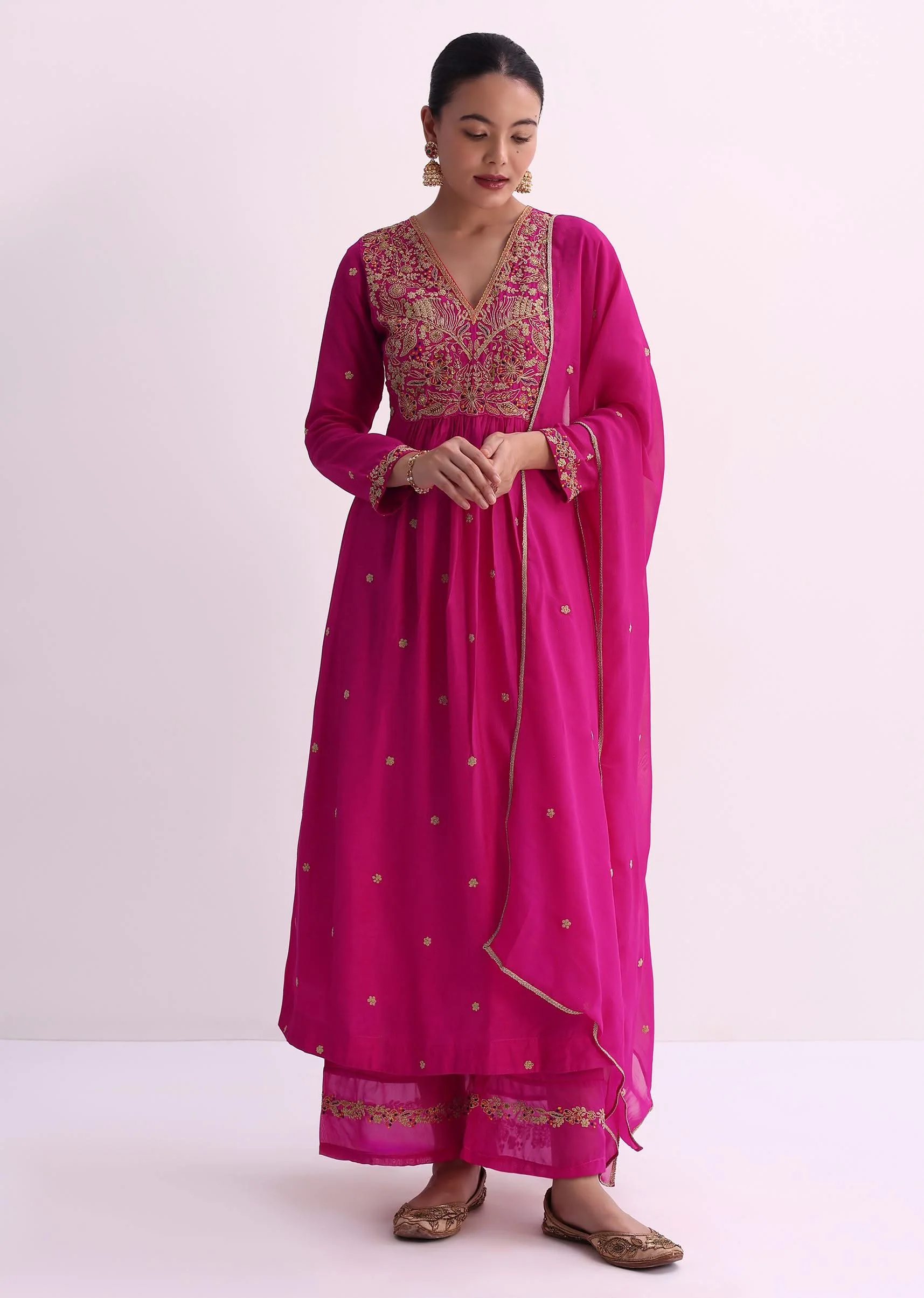 Pink Palazzo Set With Zari Embroidered A-Line Kurta And Dupatta - Image 5