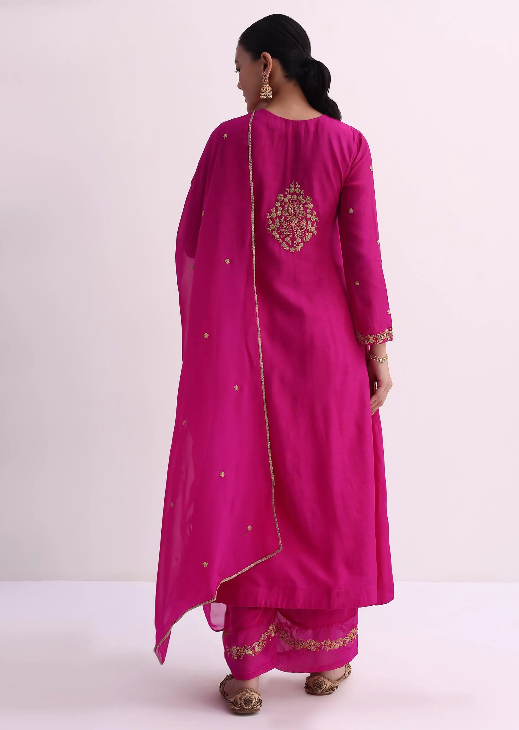 Pink Palazzo Set With Zari Embroidered A-Line Kurta And Dupatta - Image 6
