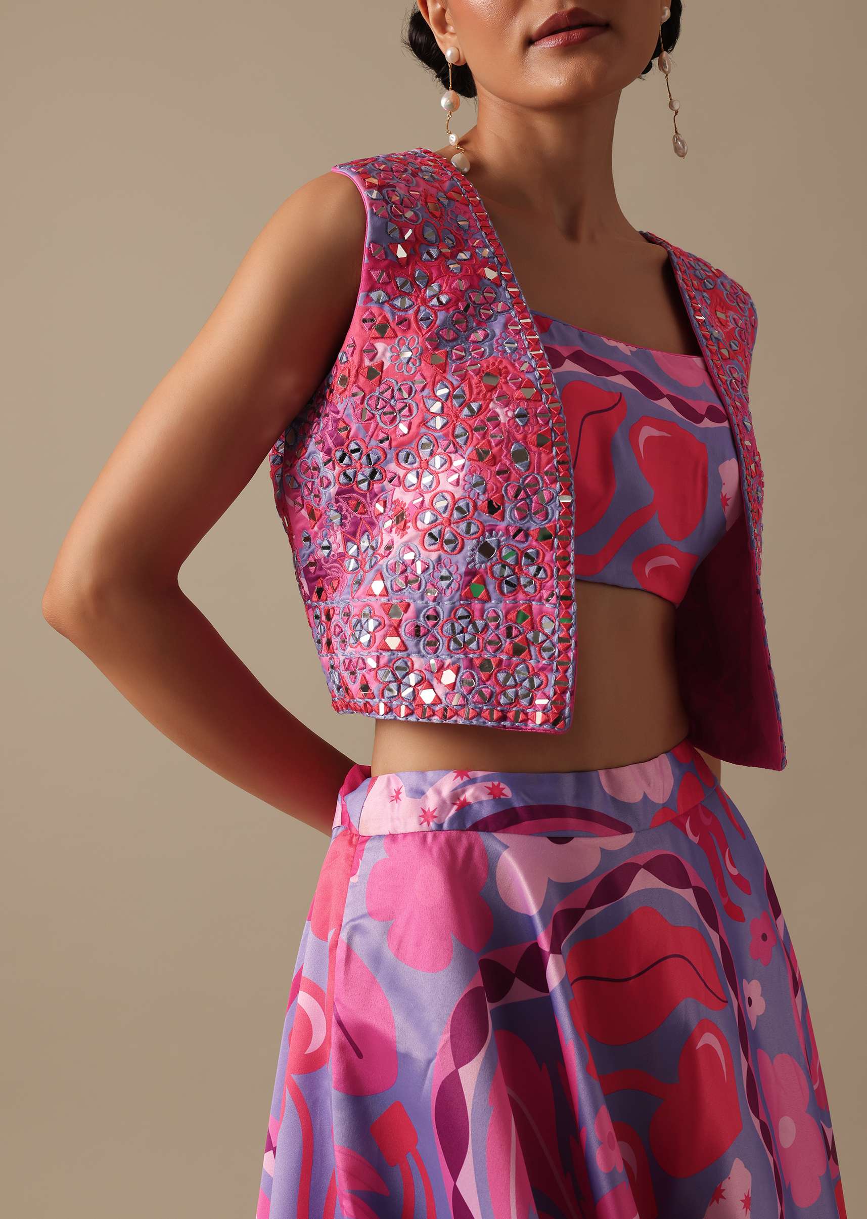 Pink Printed Lehenga Set With Mirror Work Jacket - Image 4