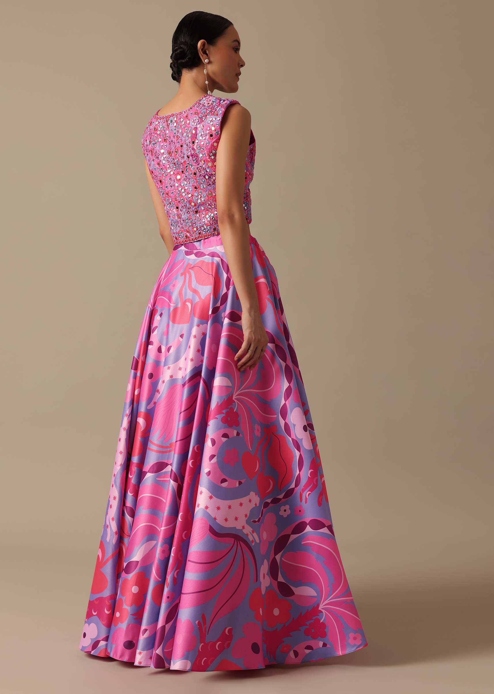 Pink Printed Lehenga Set With Mirror Work Jacket - Image 5
