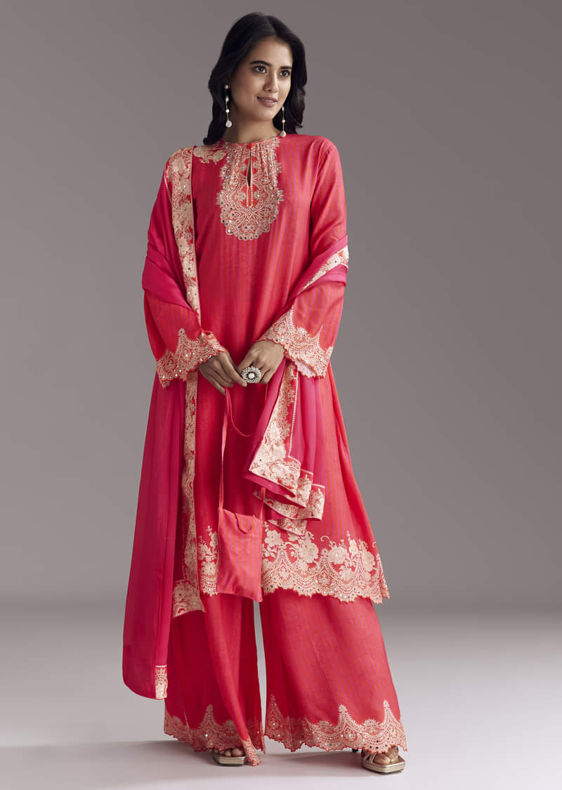 Pink Printed Palazzo Set With Mirror Work