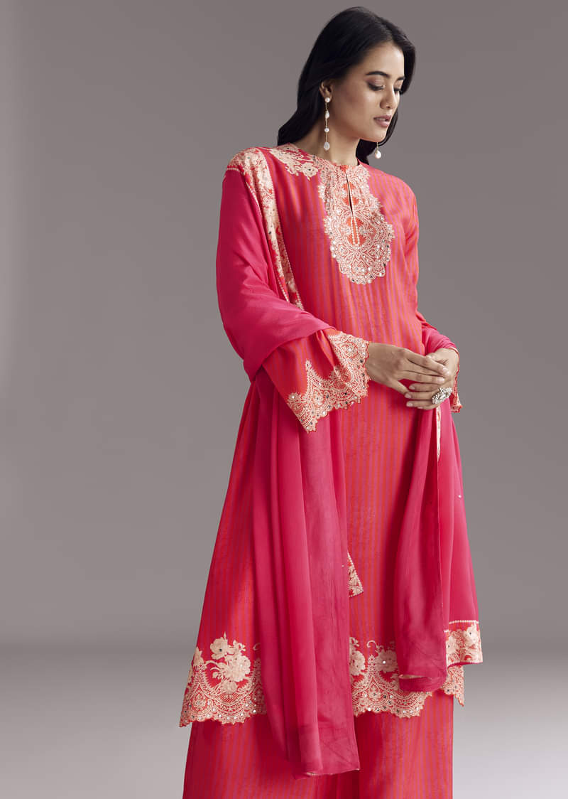 Pink Printed Palazzo Set With Mirror Work - Image 4