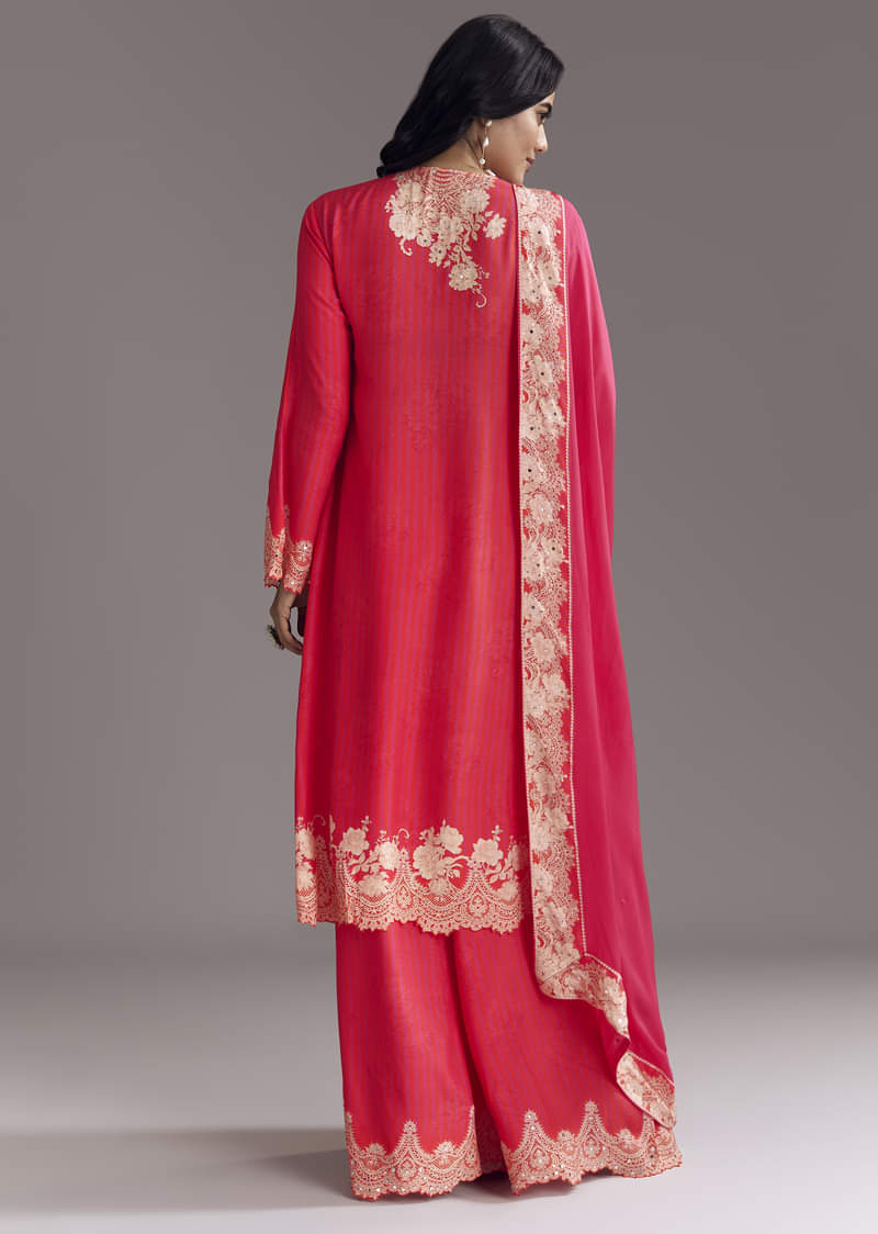 Pink Printed Palazzo Set With Mirror Work - Image 5
