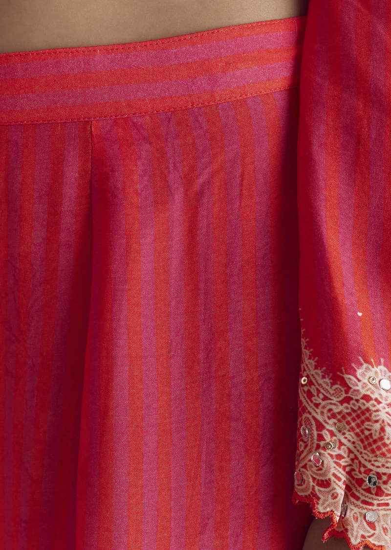 Pink Printed Palazzo Set With Mirror Work - Image 6