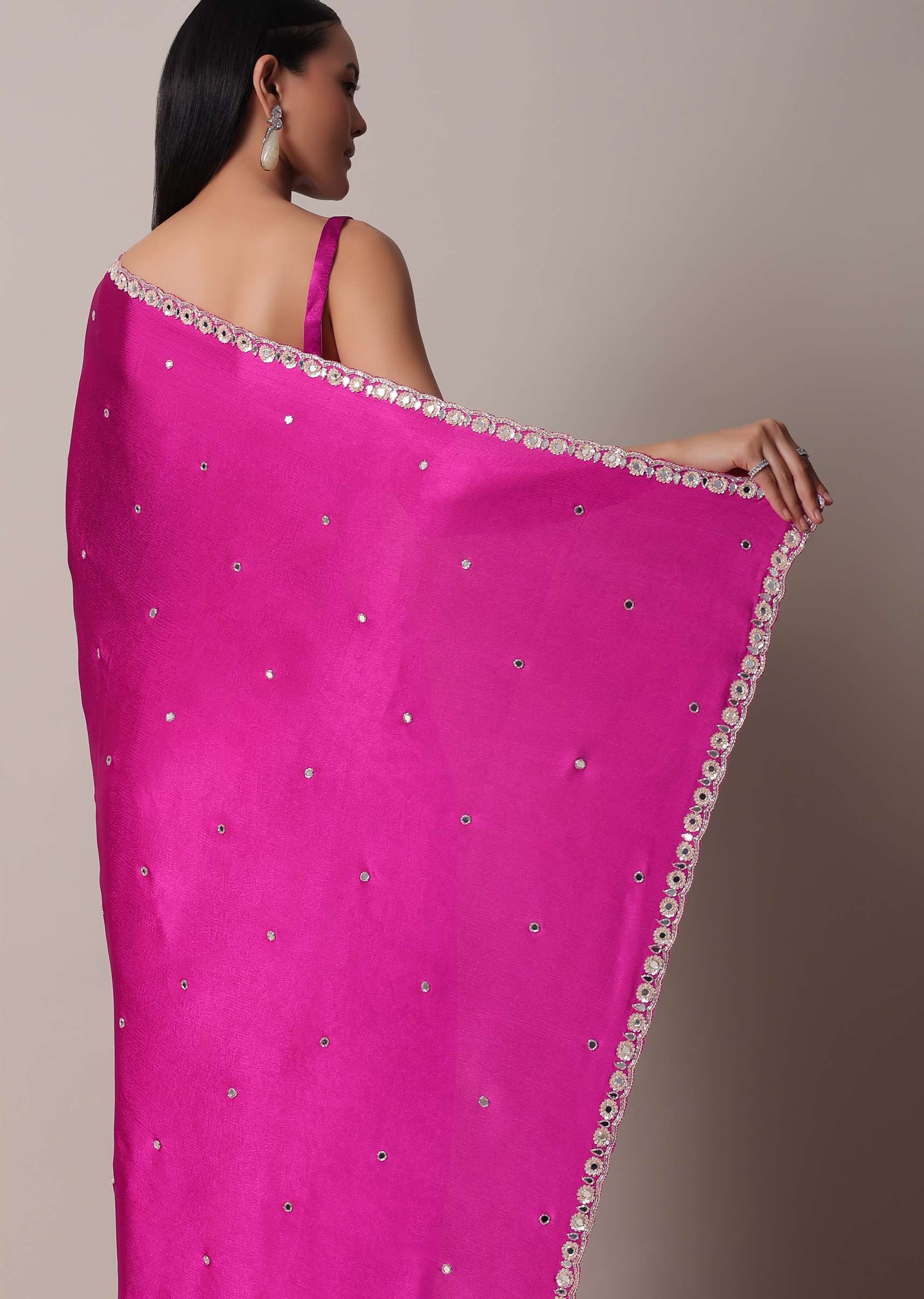 Pink Satin Chinon Saree With Floral Motif Scallop Border And Unstitched Blouse Piece - Image 6