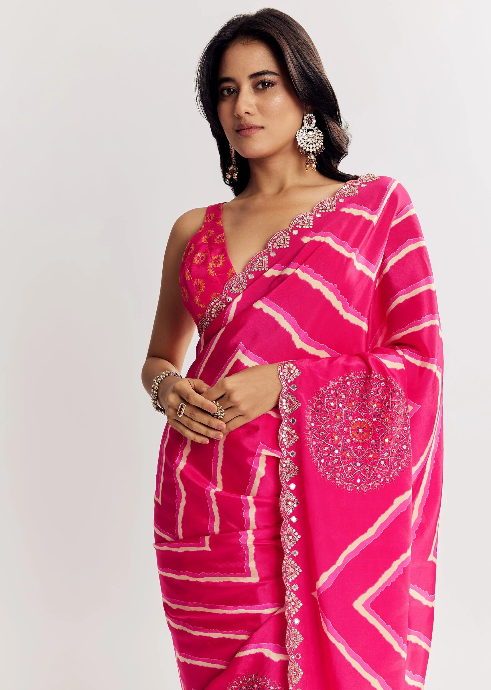 Pink Satin Saree With Gota And Mirror Embroidery - Image 4