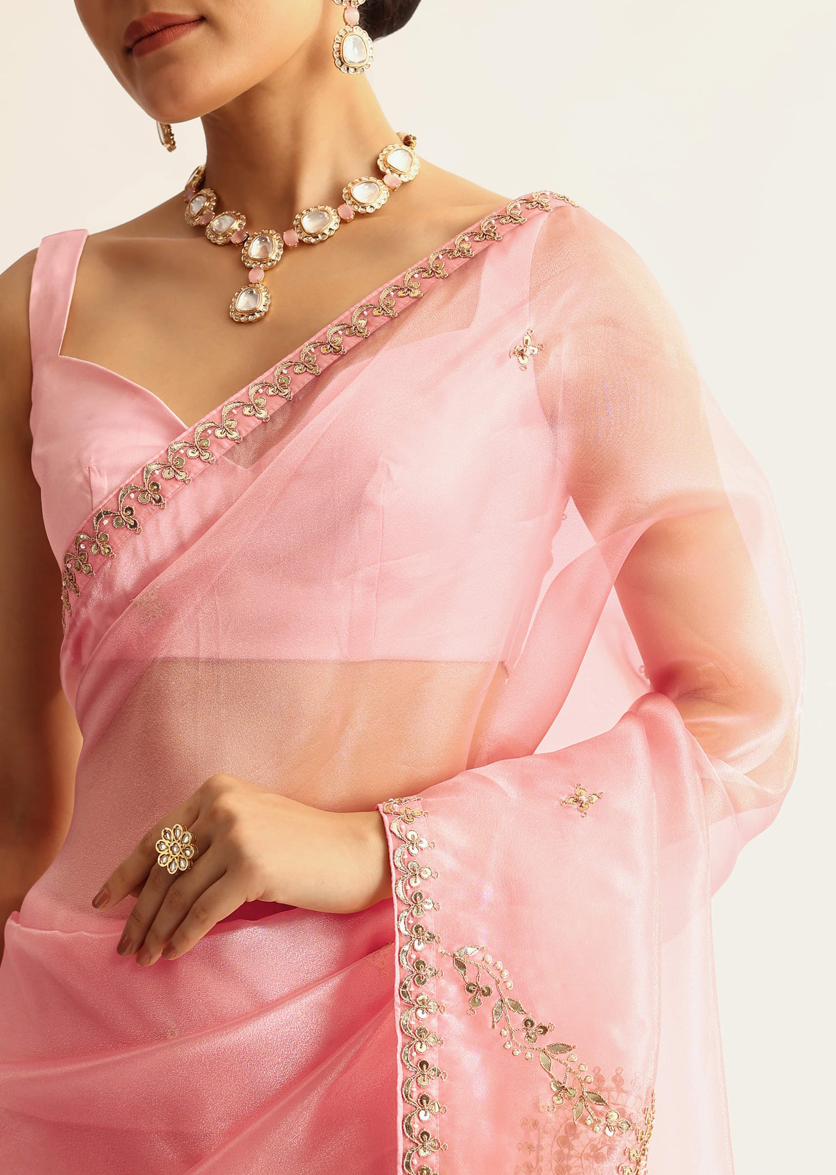 Pink Sequin Embroidered Organza Saree With Gotta Patti Embroidery - Image 2