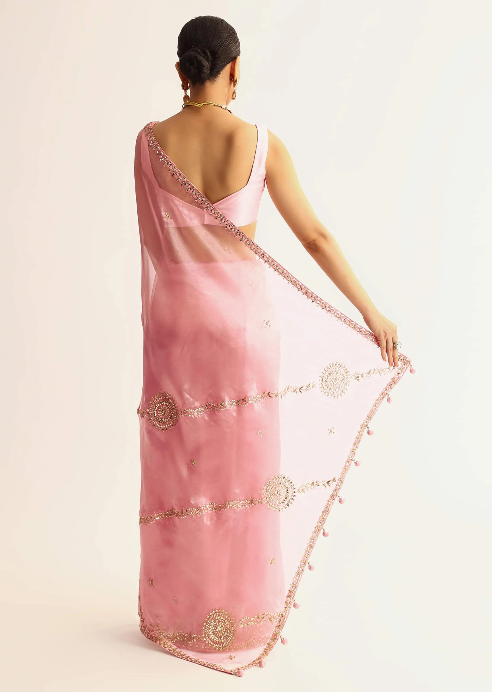 Pink Sequin Embroidered Organza Saree With Gotta Patti Embroidery - Image 6