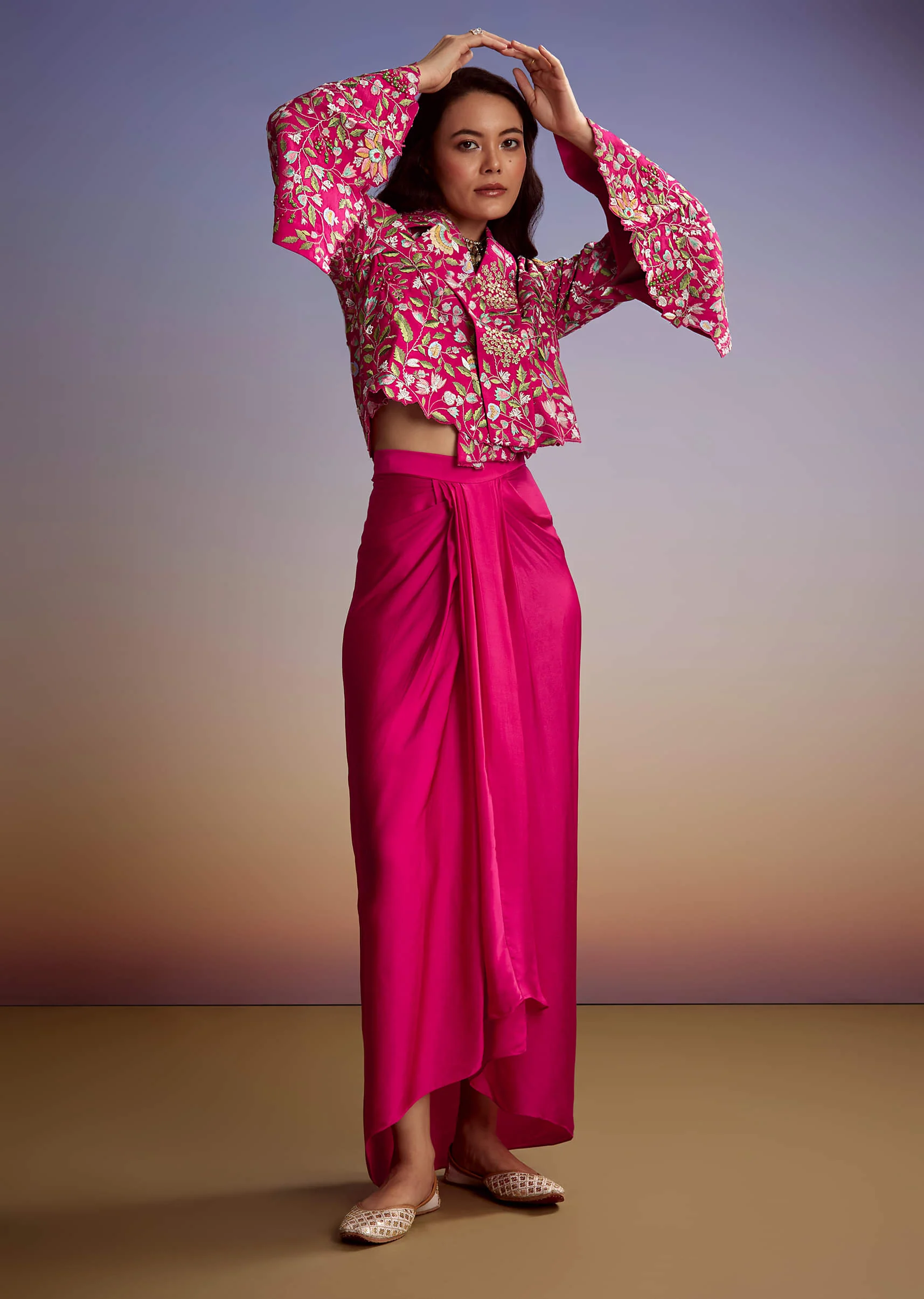 Pink Silk Crop Top Skirt With Resham Work - Image 3