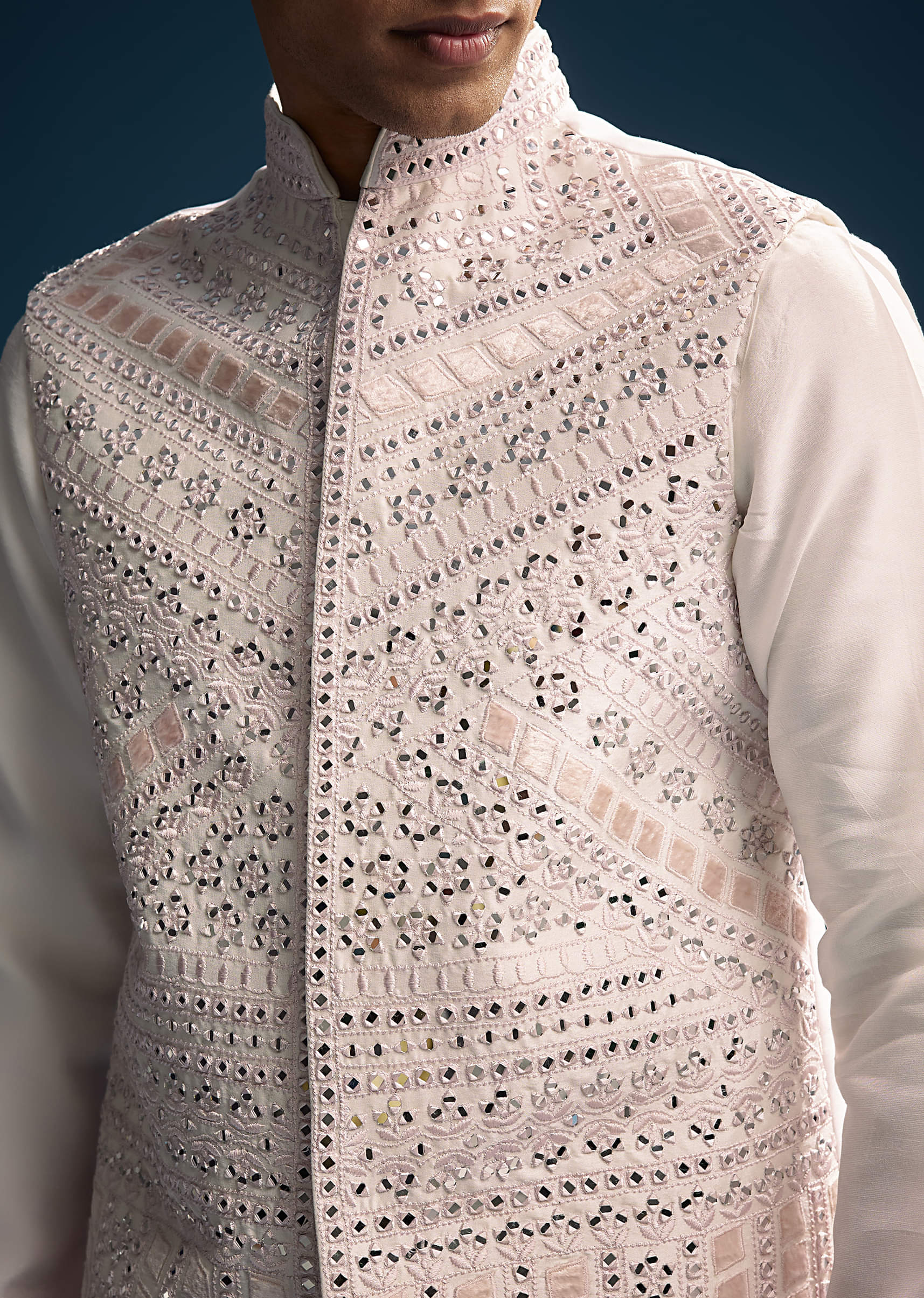 Pink Silk Kurta Jacket Set For Men With Mirror And Patch Work - Image 2