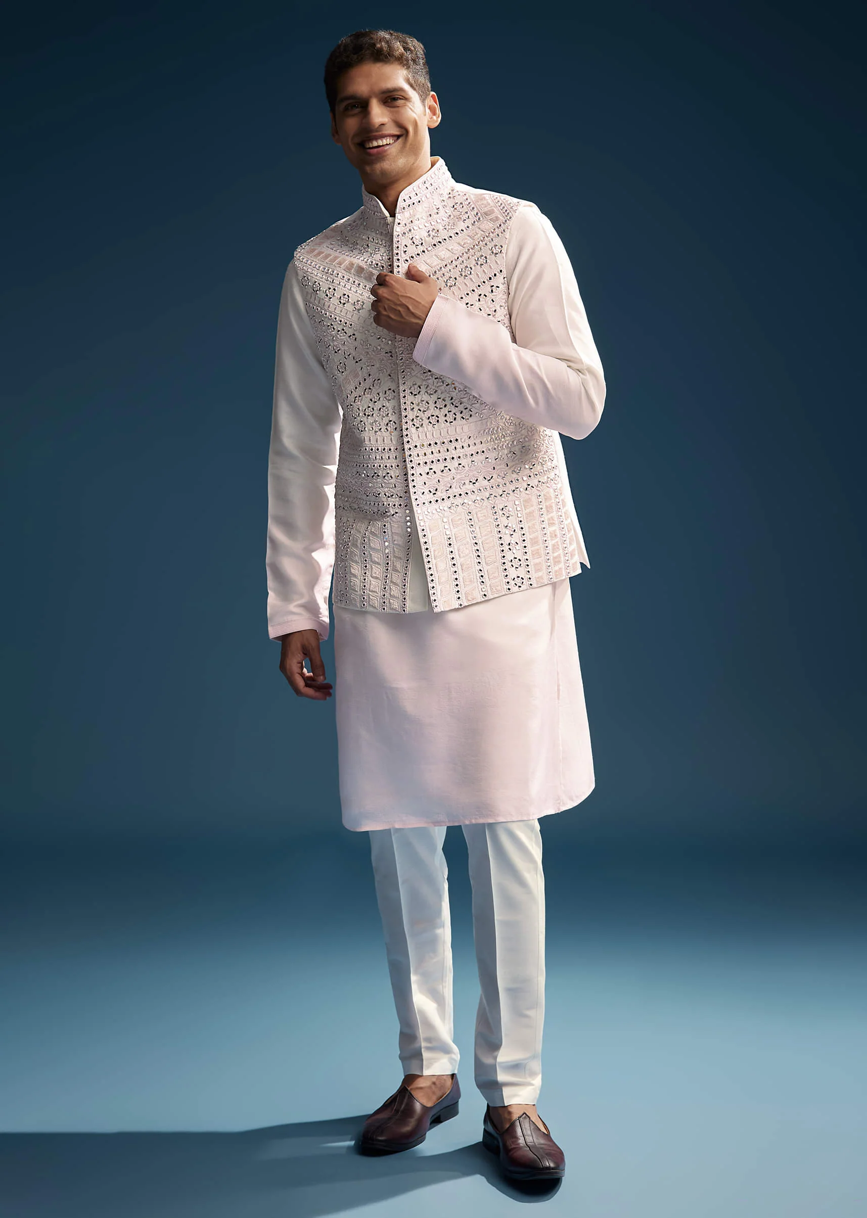 Pink Silk Kurta Jacket Set For Men With Mirror And Patch Work - Image 4