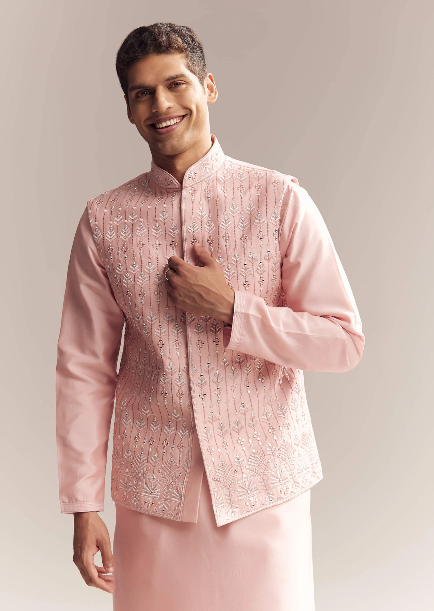 Pink Silk Kurta Jacket Set For Men With Mirror Embroidery - Image 3