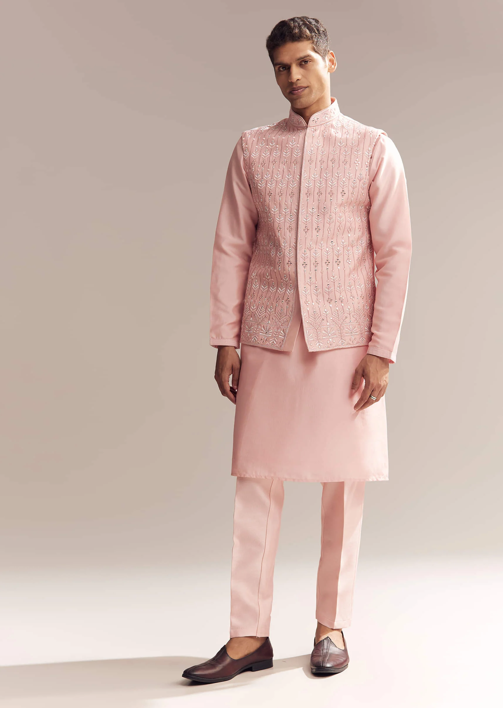 Pink Silk Kurta Jacket Set For Men With Mirror Embroidery - Image 4