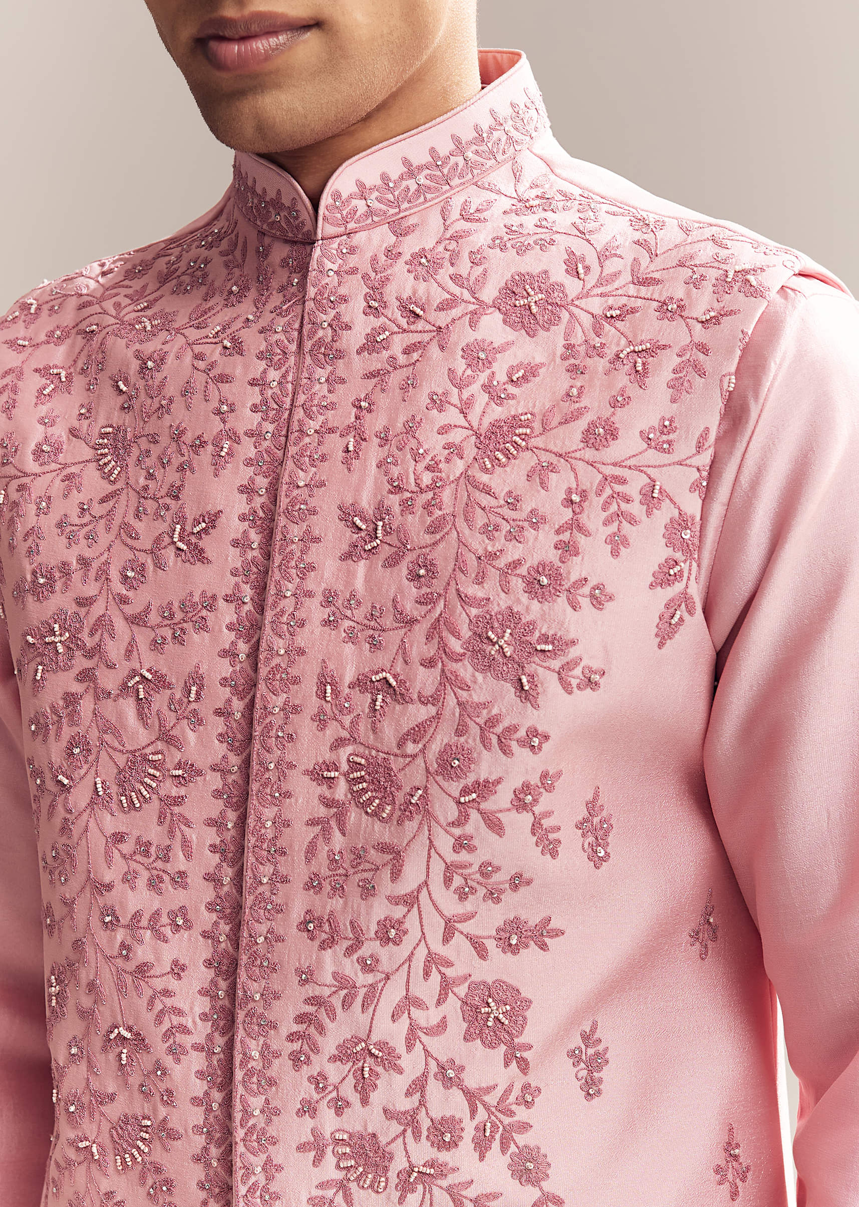 Pink Silk Kurta Jacket Set For Men With Moti Embroidery - Image 2