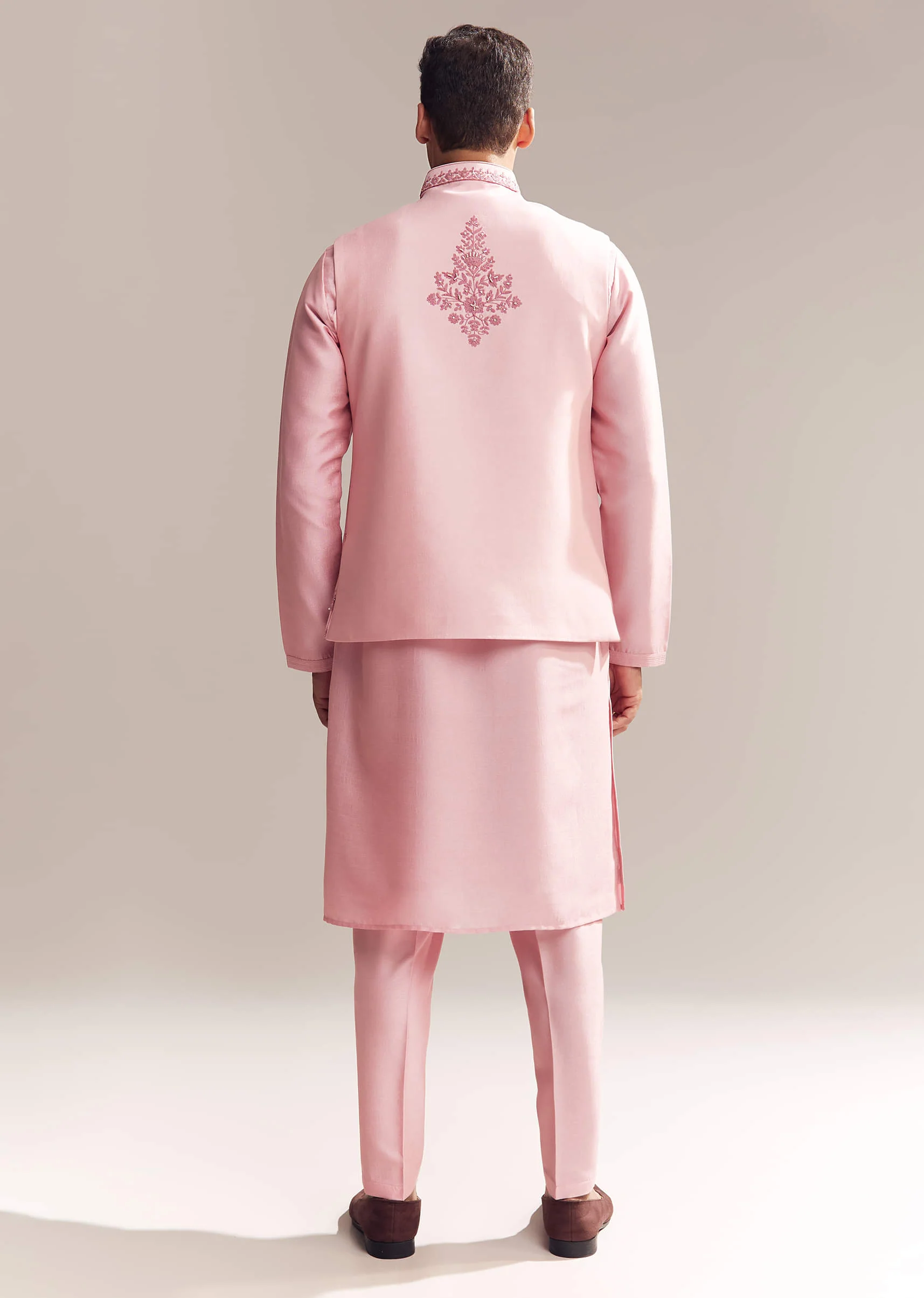 Pink Silk Kurta Jacket Set For Men With Moti Embroidery - Image 5
