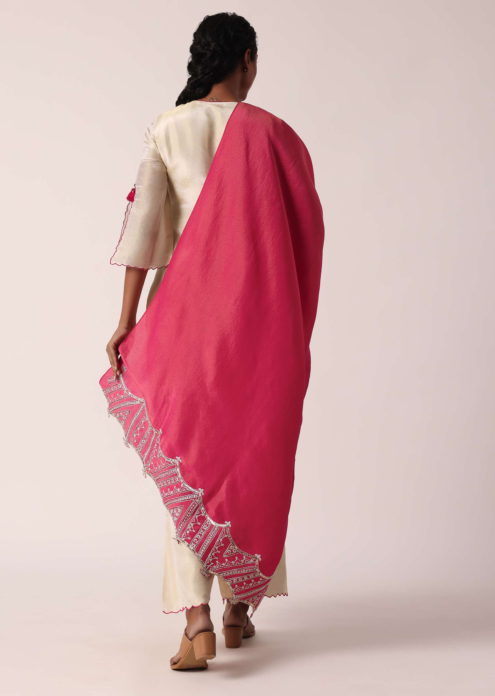 Pink Silk Palazzo Set With Embroidered Kurta - Image 5