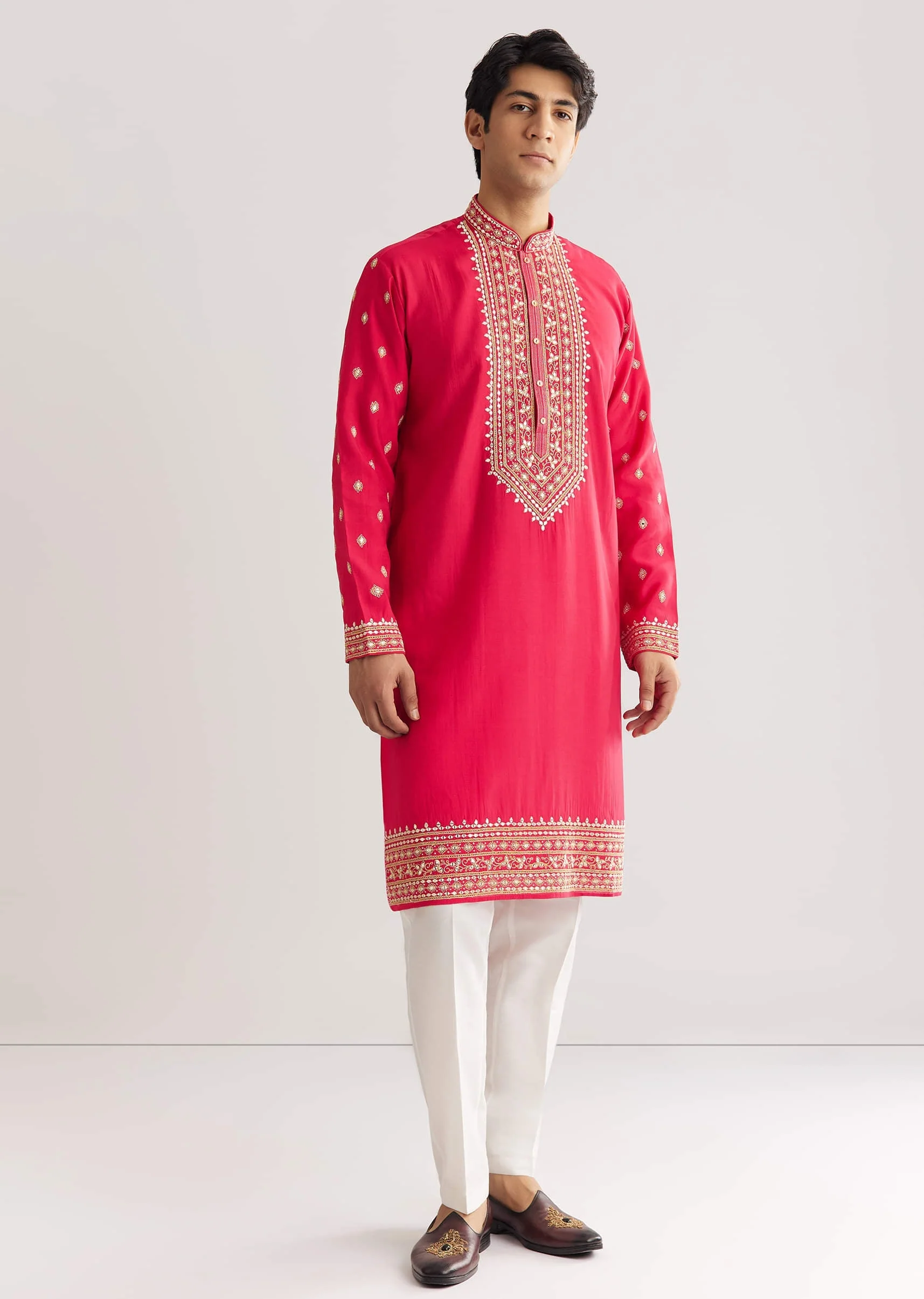 Pink Silk Yoke Embroidered Kurta Set With Gotta And Resham Work - Image 4