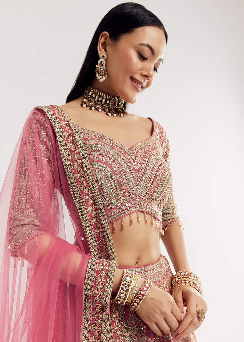 Pink Sweetheart Neck Georgette Cutdana Stonework Lehenga With Net Dupatta - Image 2