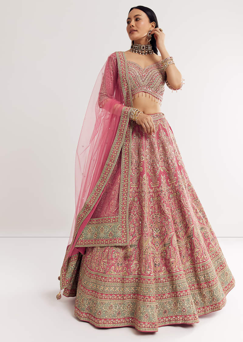 Pink Sweetheart Neck Georgette Cutdana Stonework Lehenga With Net Dupatta - Image 3