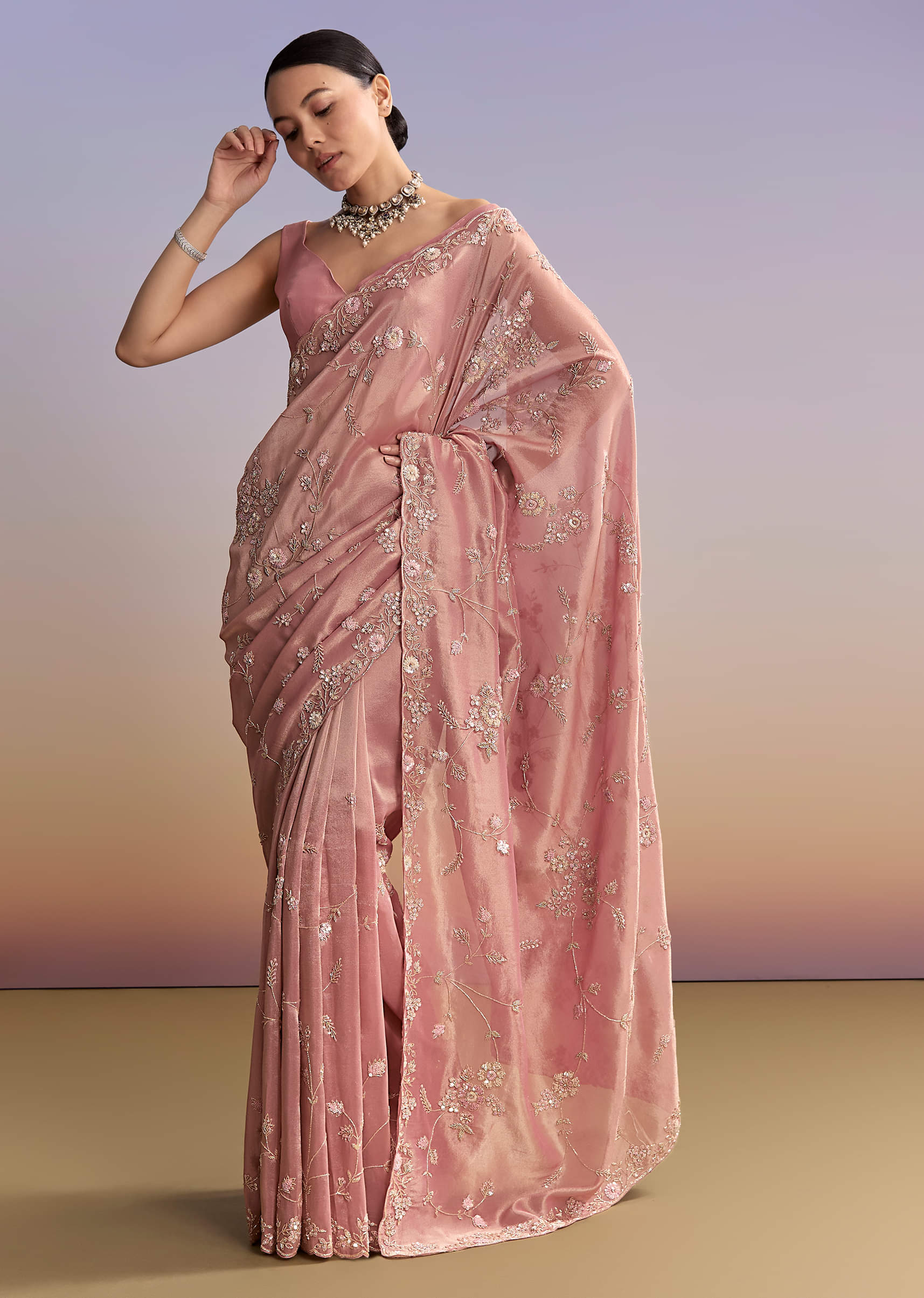 Pink Tissue Embroidered Saree With Cutdana And Jaal Work - Image 11