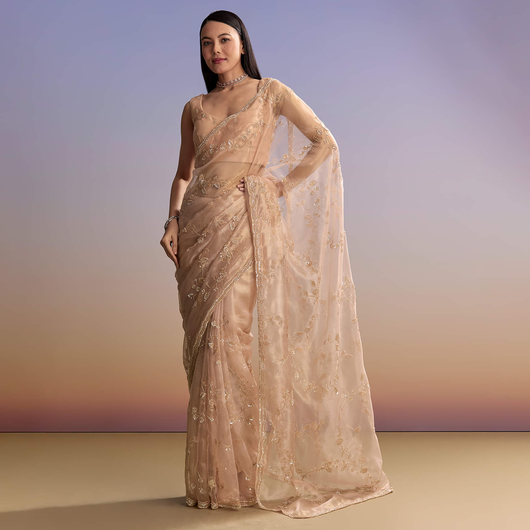 Pink Tissue Embroidered Saree With Sequins And Bead Work - Image 10