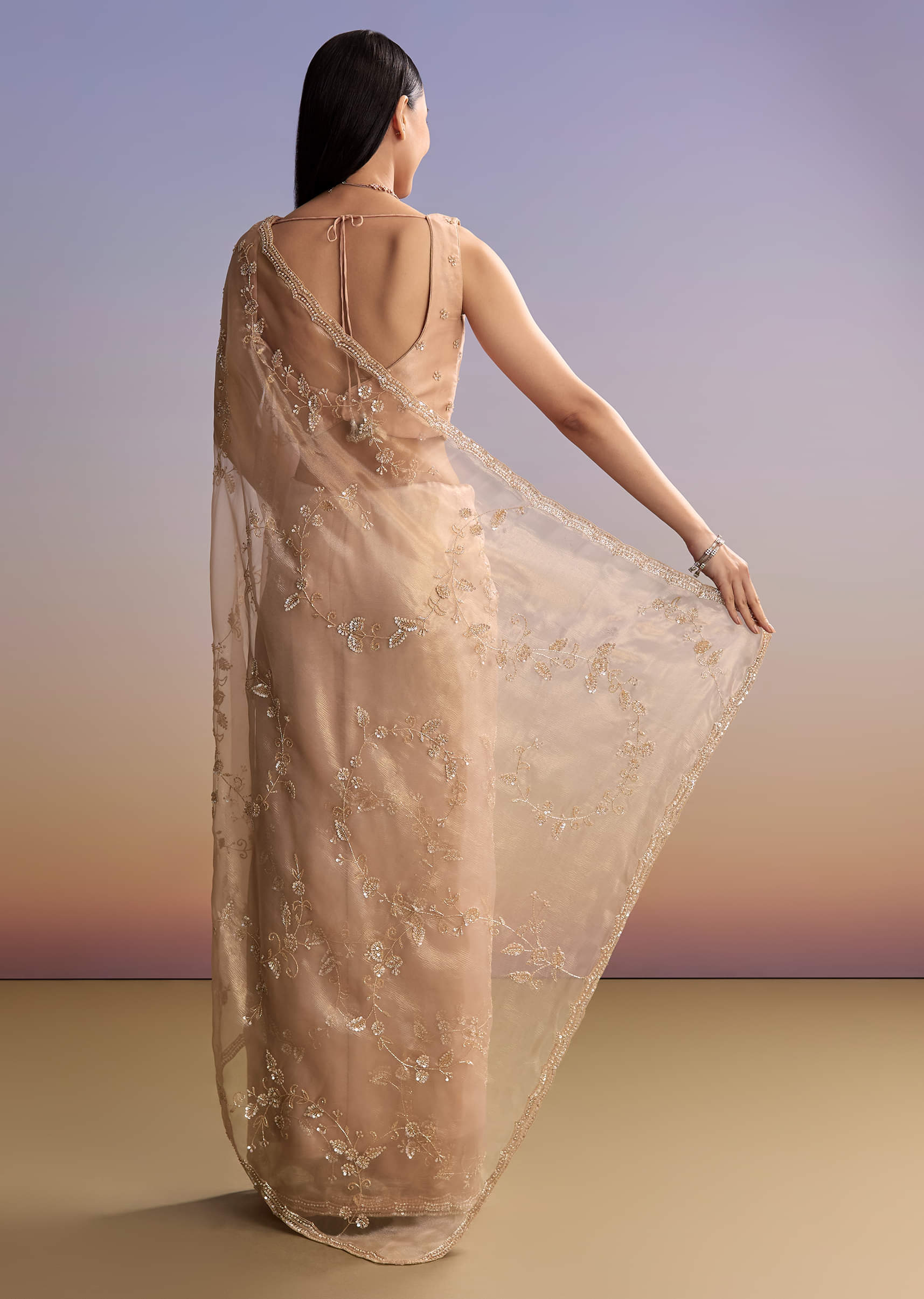 Pink Tissue Embroidered Saree With Sequins And Bead Work - Image 2