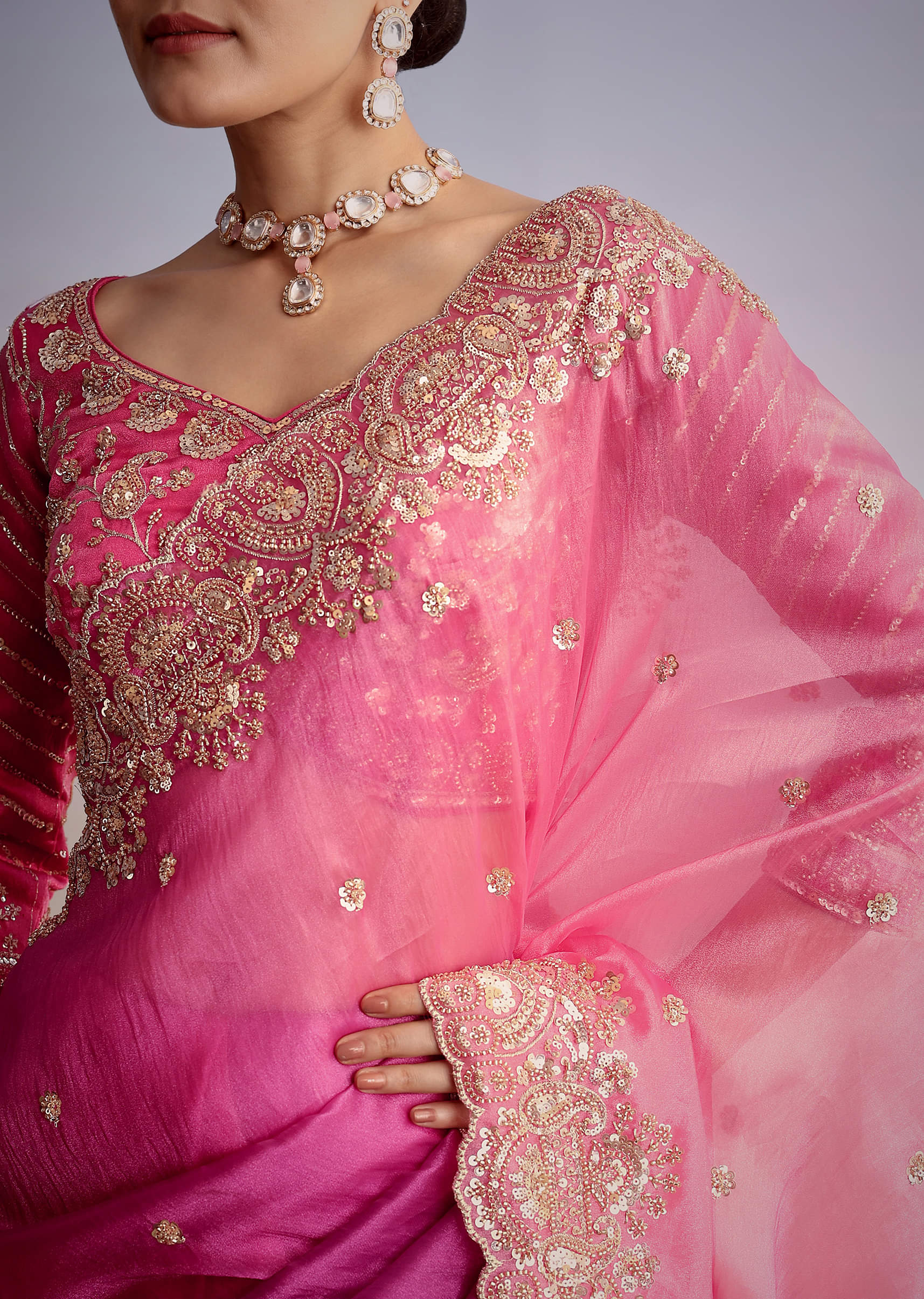 Pink Tissue Floral Embroidered Saree With Scallop Border - Image 2