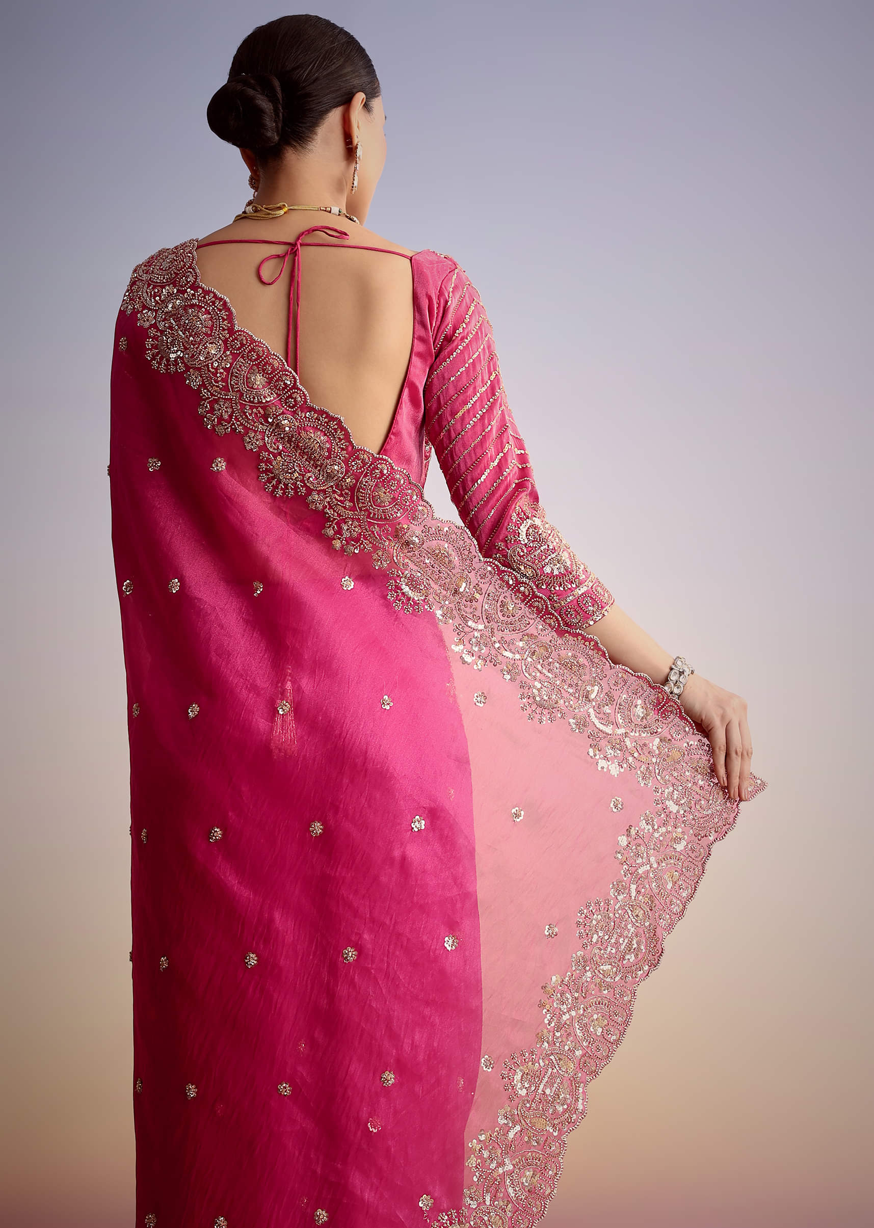 Pink Tissue Floral Embroidered Saree With Scallop Border - Image 4