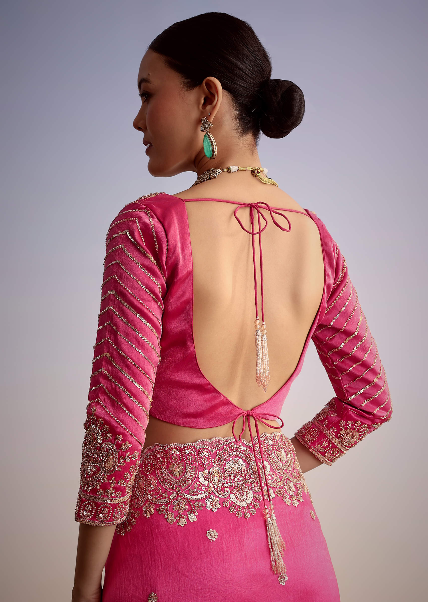 Pink Tissue Floral Embroidered Saree With Scallop Border - Image 8