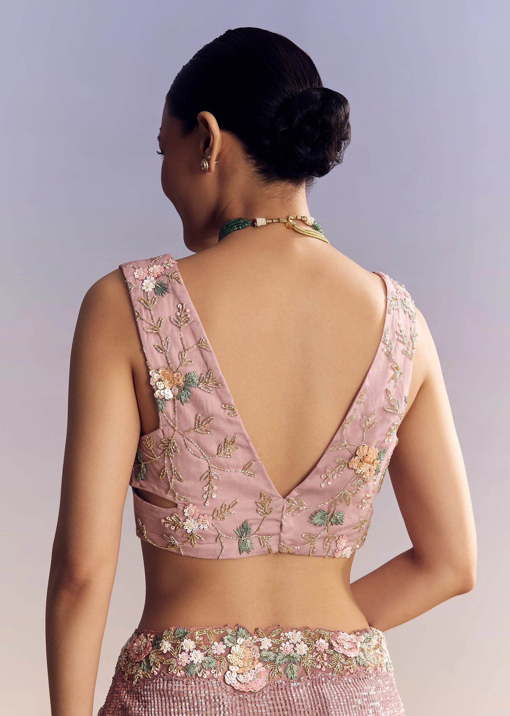 Pink Tissue Half And Half Saree With Floral Sequin Embroidery - Image 8