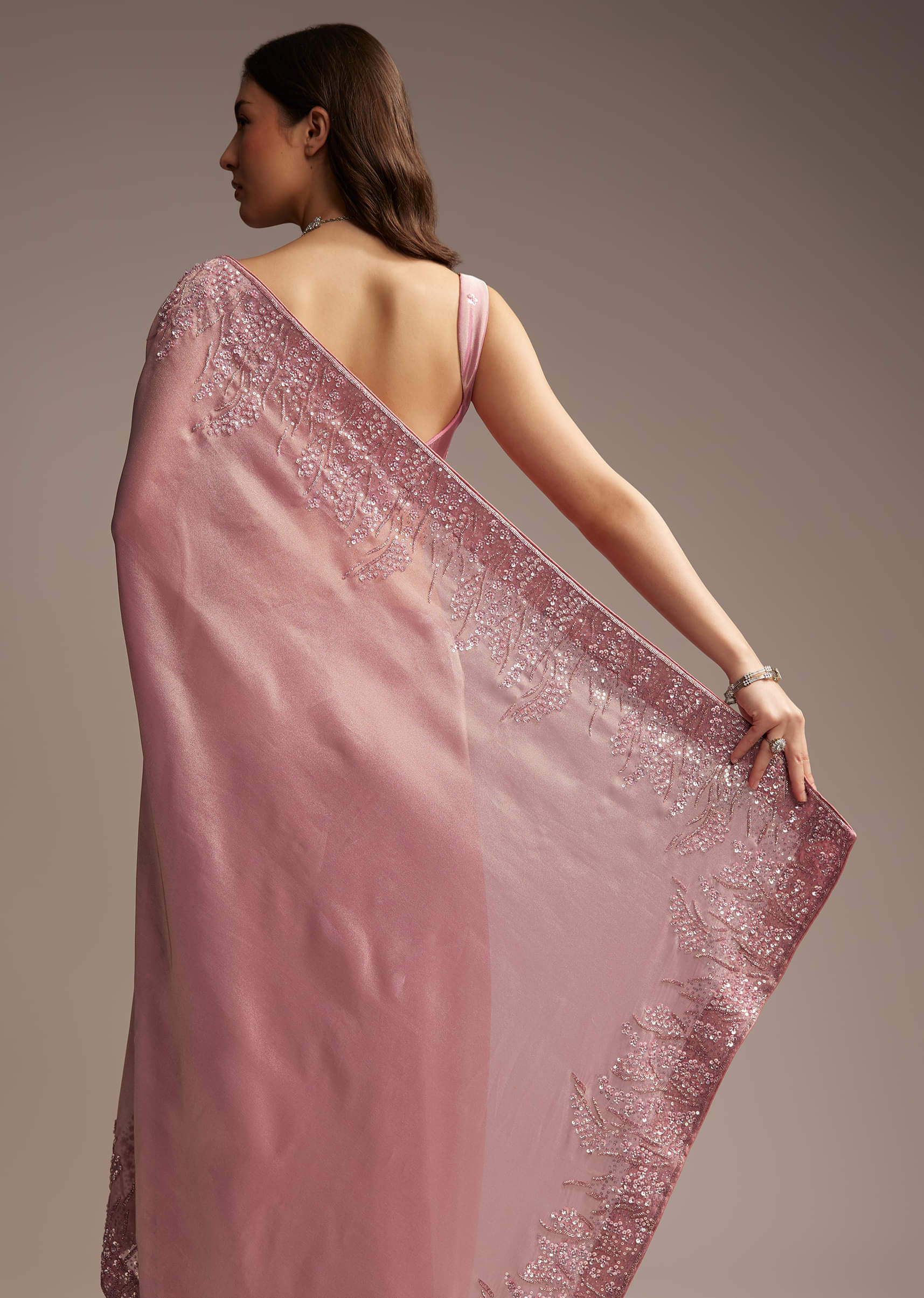 Pink Tissue Saree with Sequins and Cutdana Embroidery - Image 3