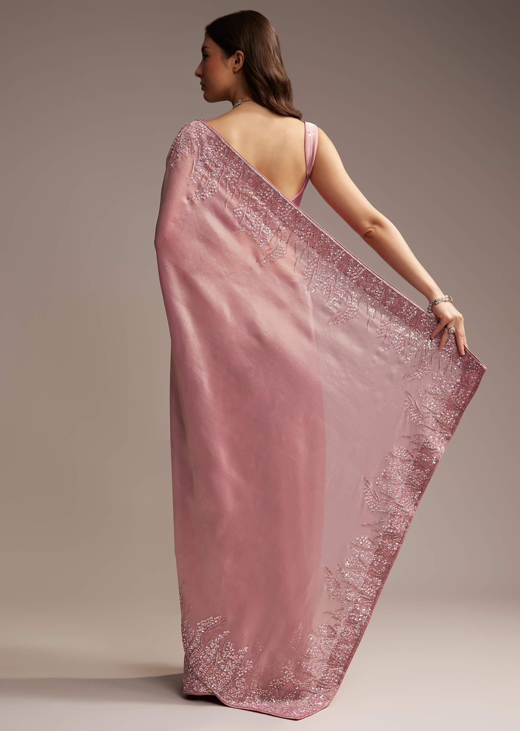 Pink Tissue Saree with Sequins and Cutdana Embroidery - Image 5