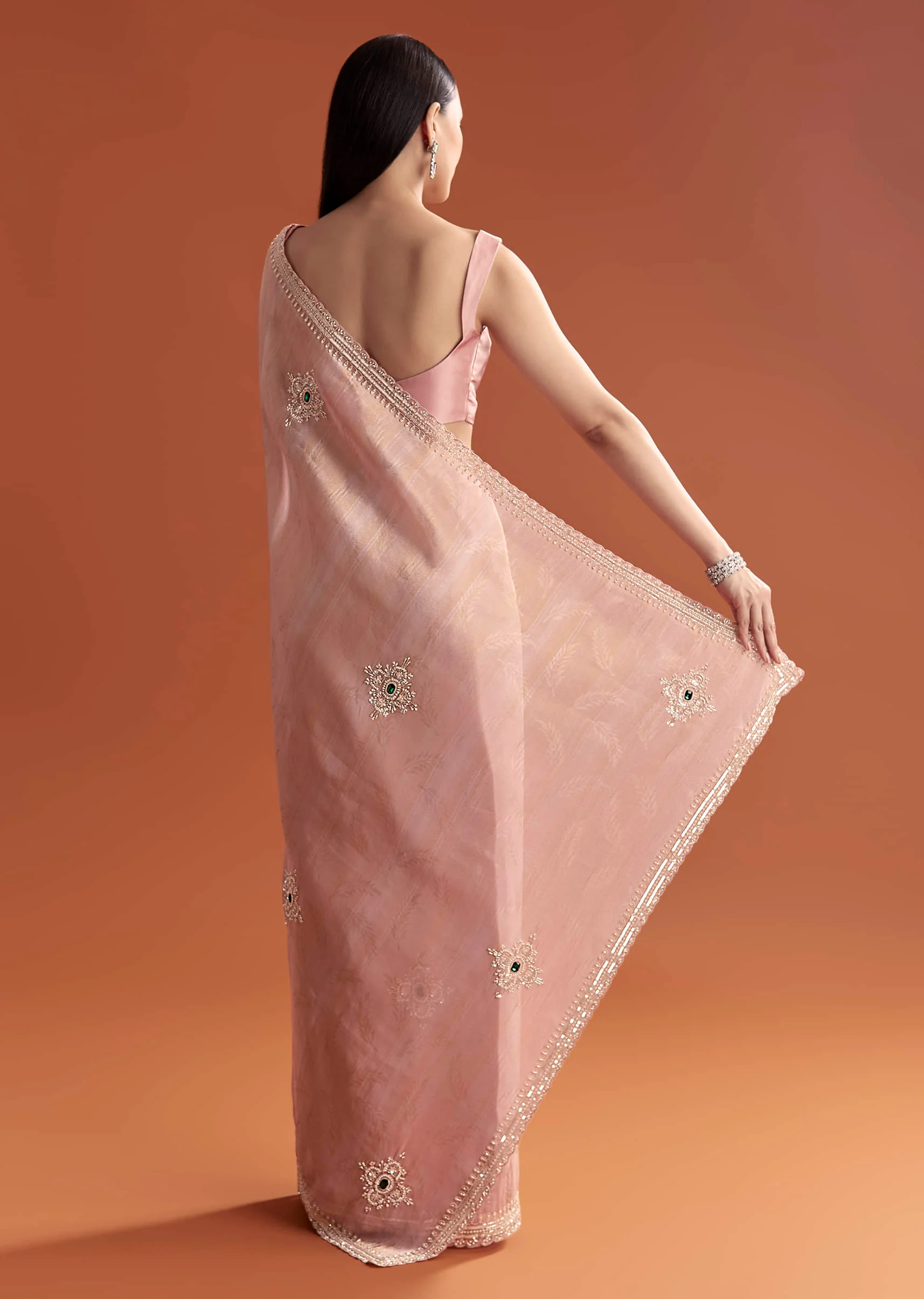 Pink Tissue Saree With Zardosi And Stone Embroidery - Image 2