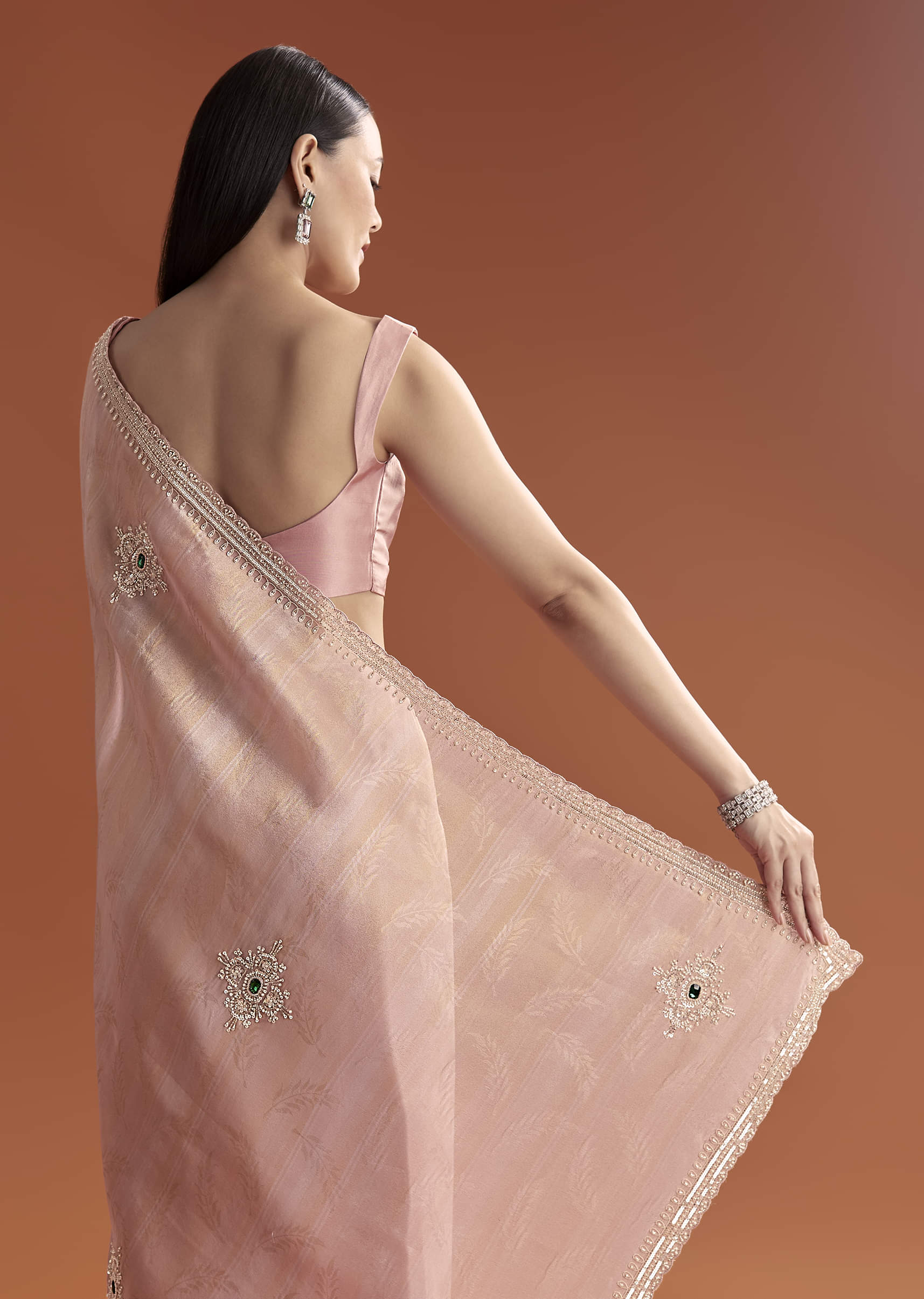 Pink Tissue Saree With Zardosi And Stone Embroidery - Image 6