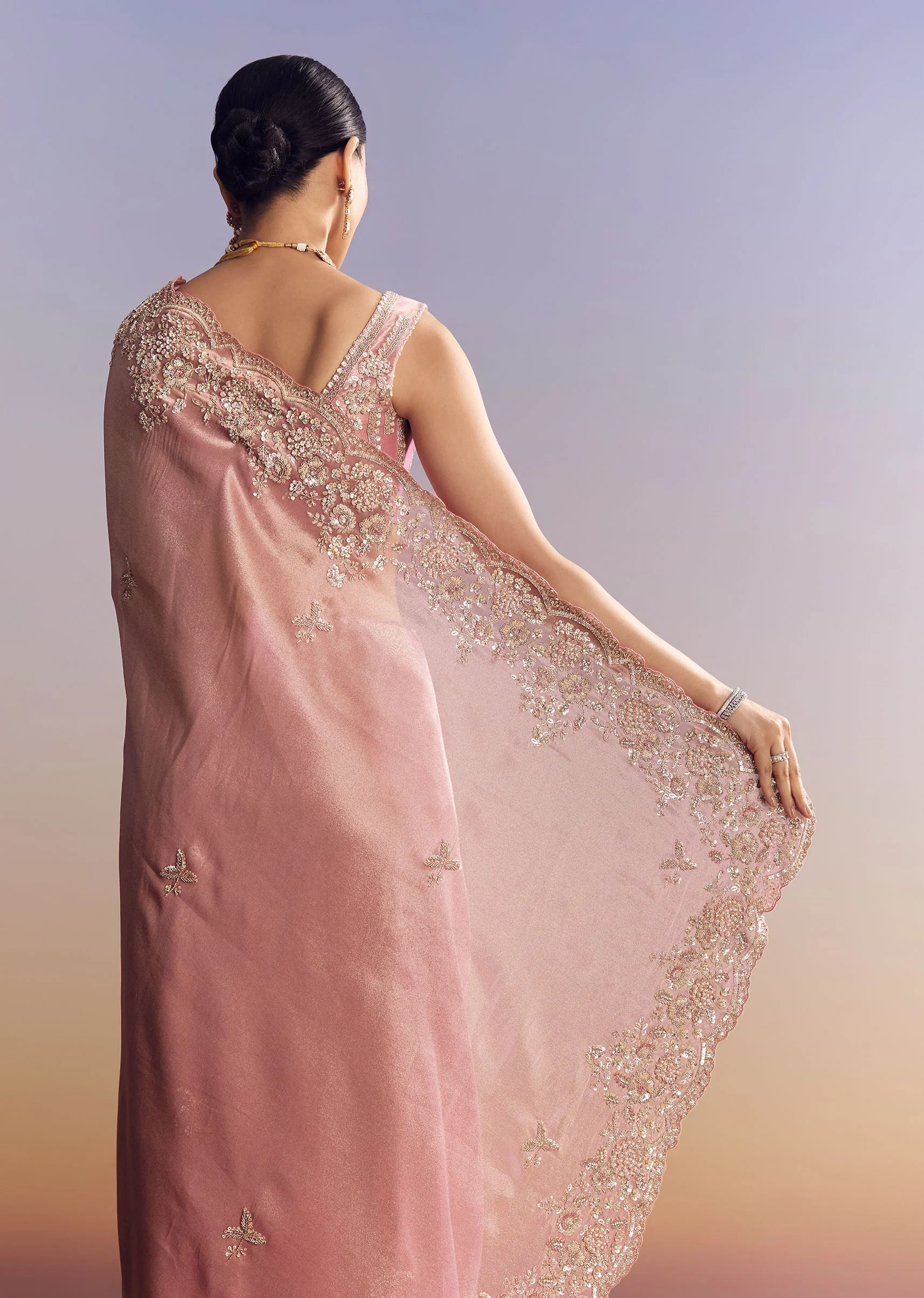 Pink Tissue Silk Saree With Scalloped Border - Image 6