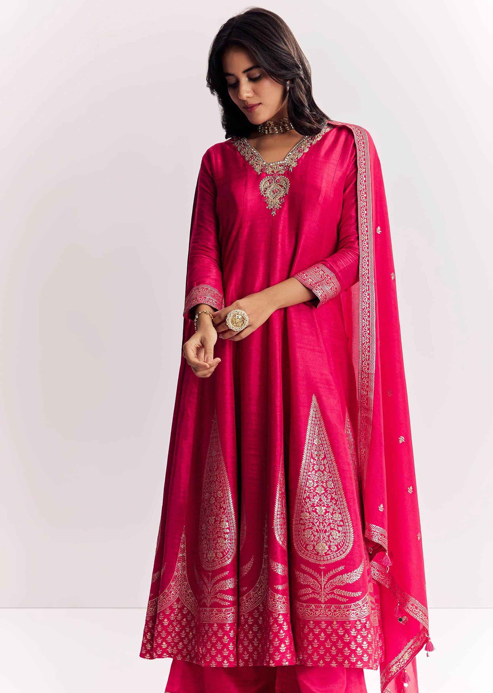 Pink Weave Silk Anarkali Suit With Dupatta - Image 4